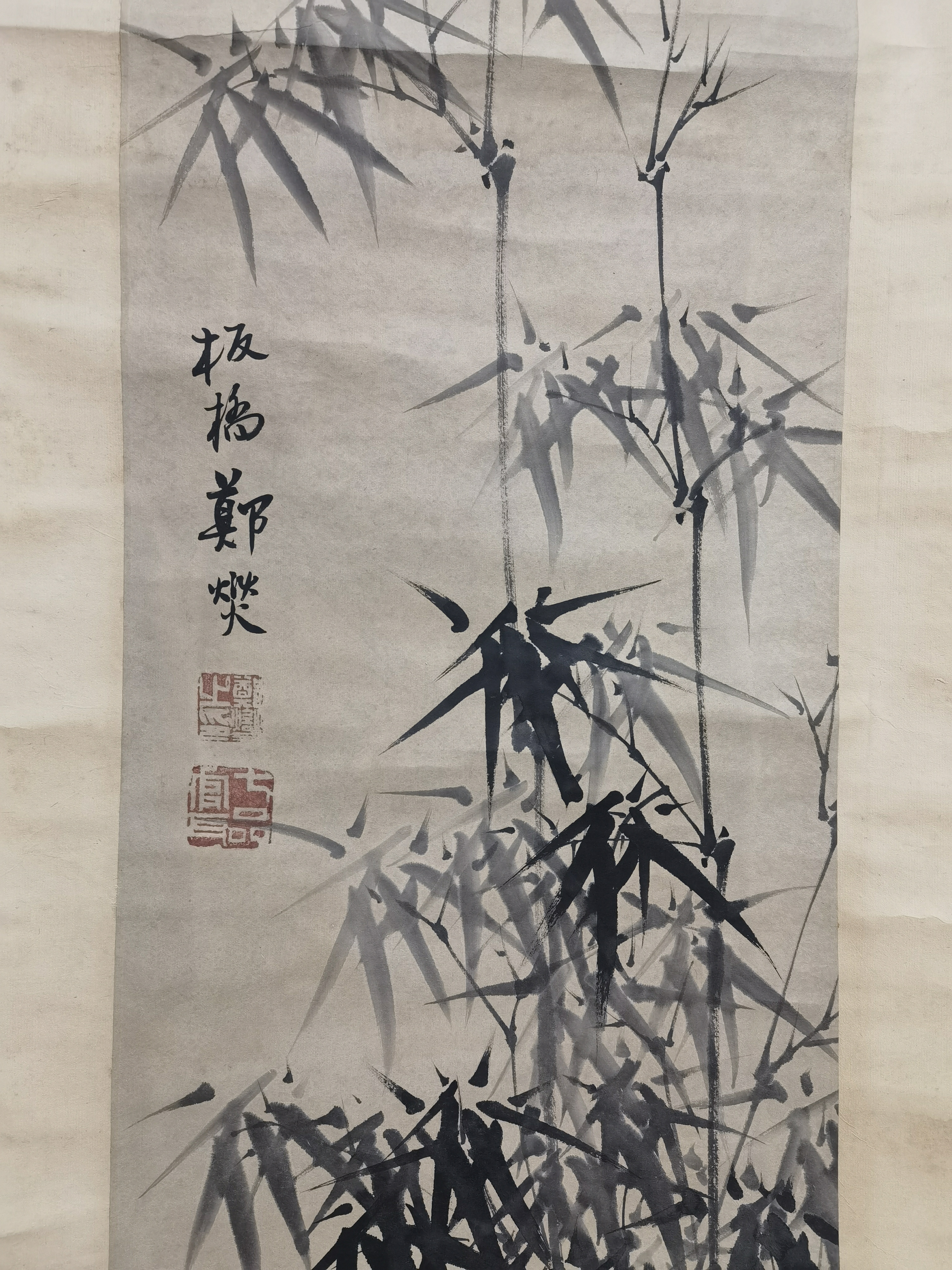 清代61郑板桥【竹兰奇石图】:画芯33.5x133cm,原装老裱.