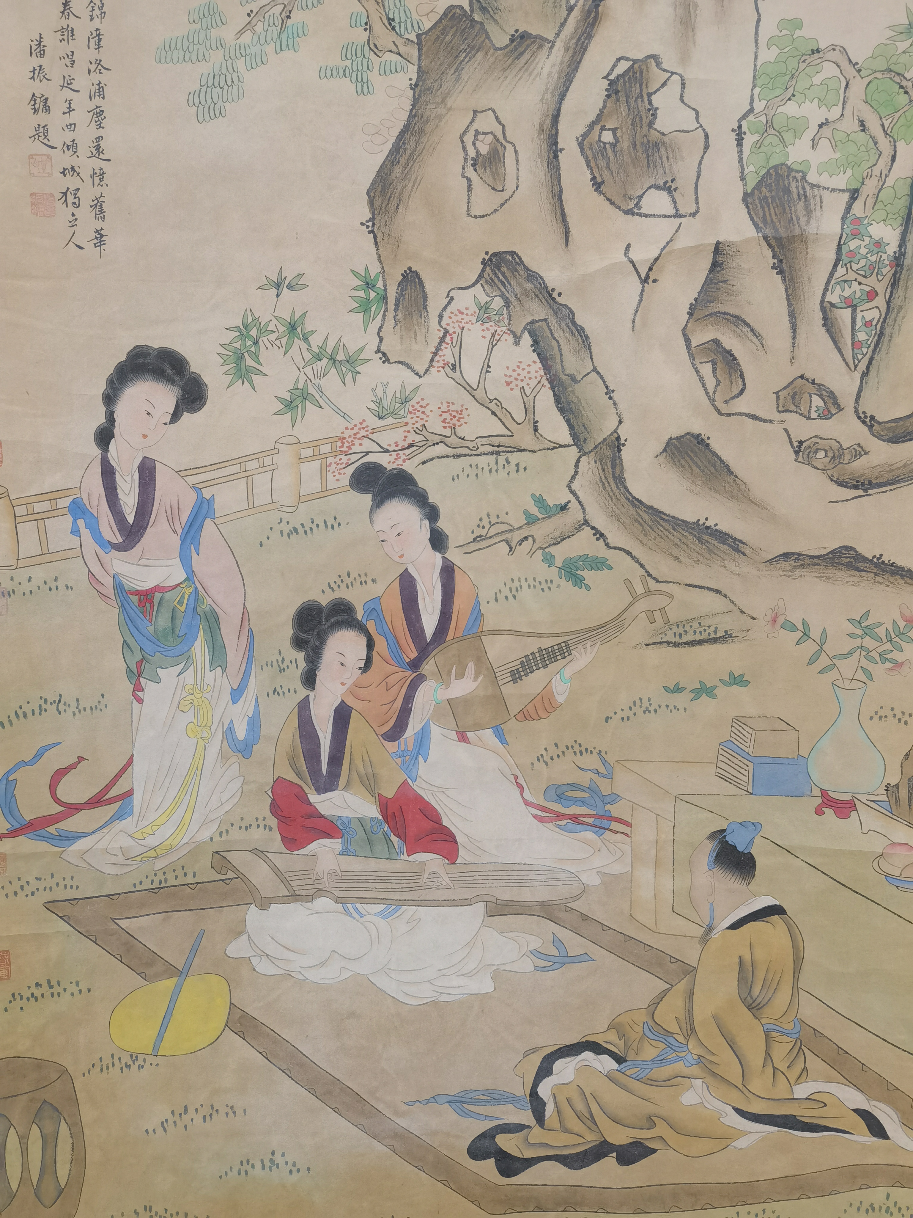 清代•禹之鼎【仕女弹琴图】:画芯67x132cm,原装老裱.#字画# #收藏
