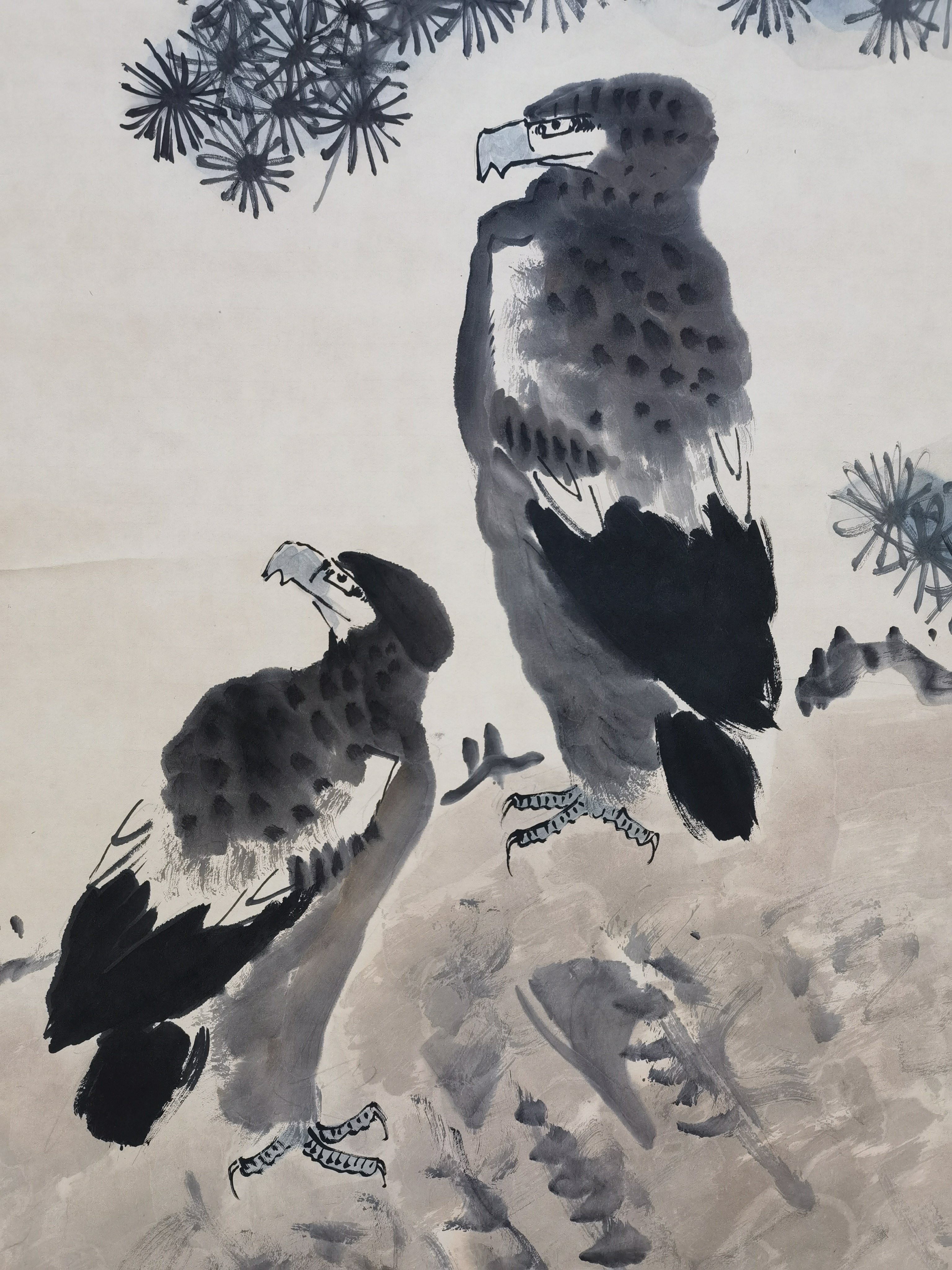 近代61李苦禅【双鹰图】:画芯66x136cm,1980年作品,原装老裱.