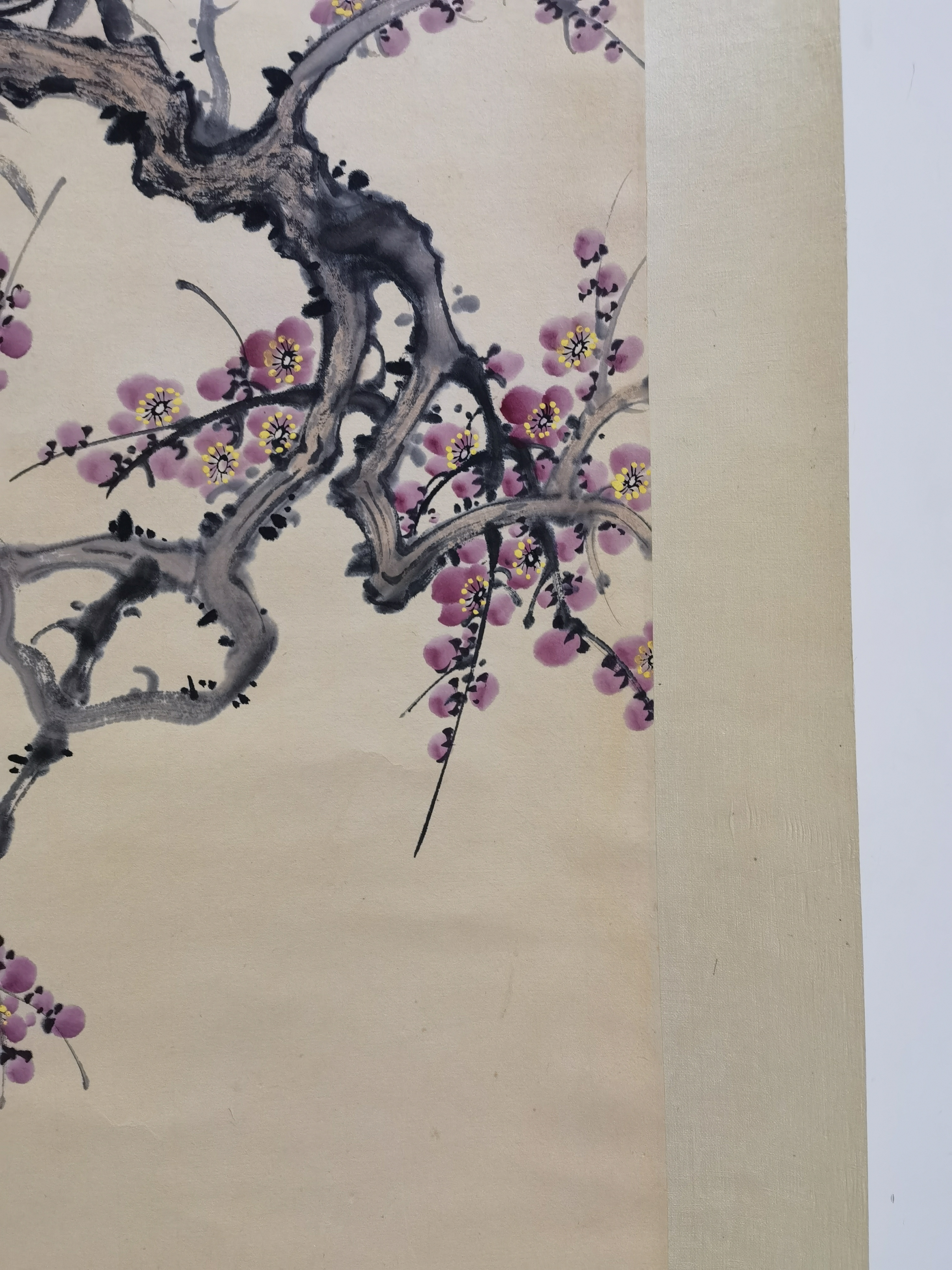 近代61田世光【梅花八哥图】:画芯43x97cm,原装老裱.