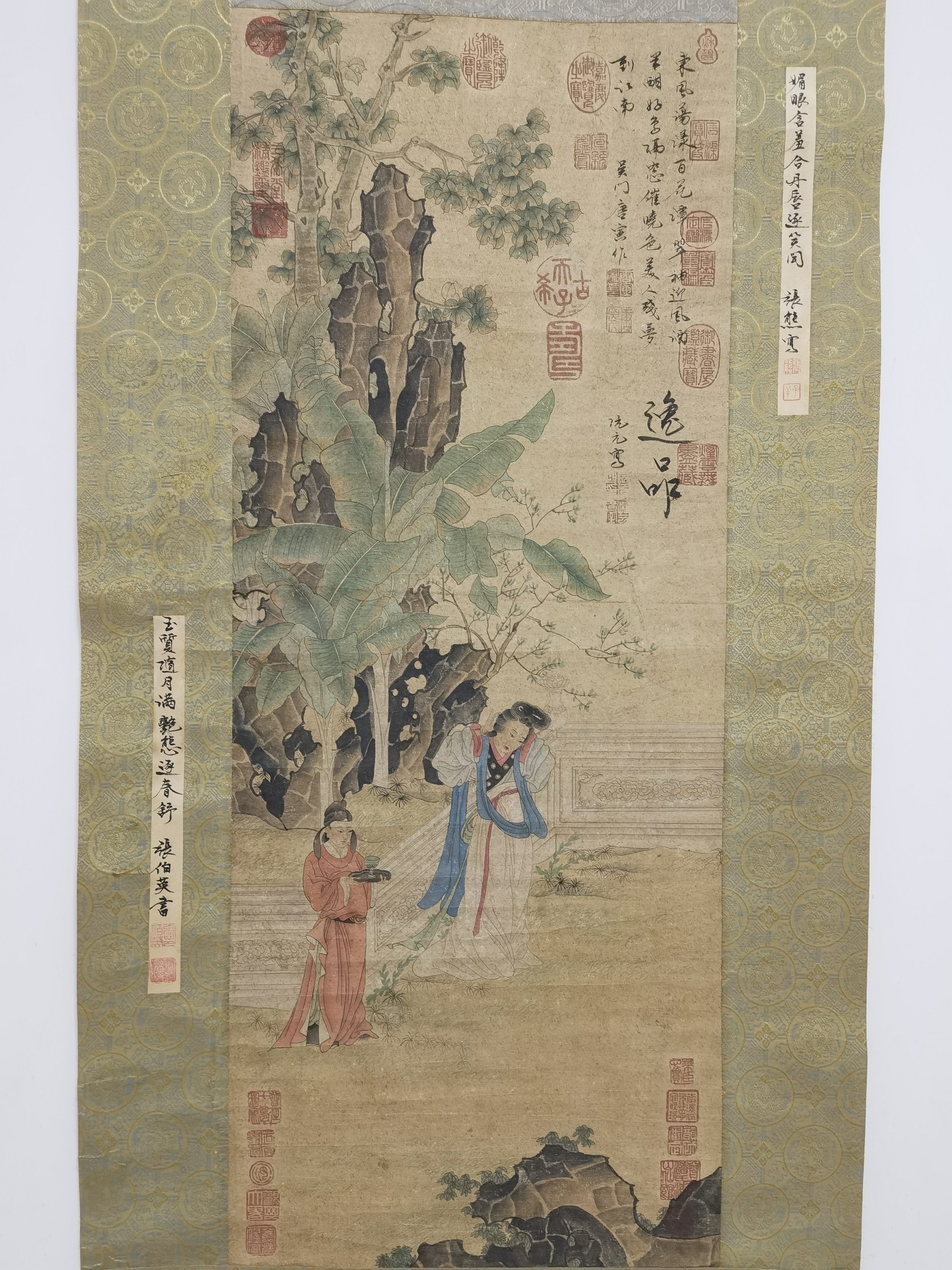 明代61唐寅【芭蕉仕女图】:画芯36x89cm,原装老裱.