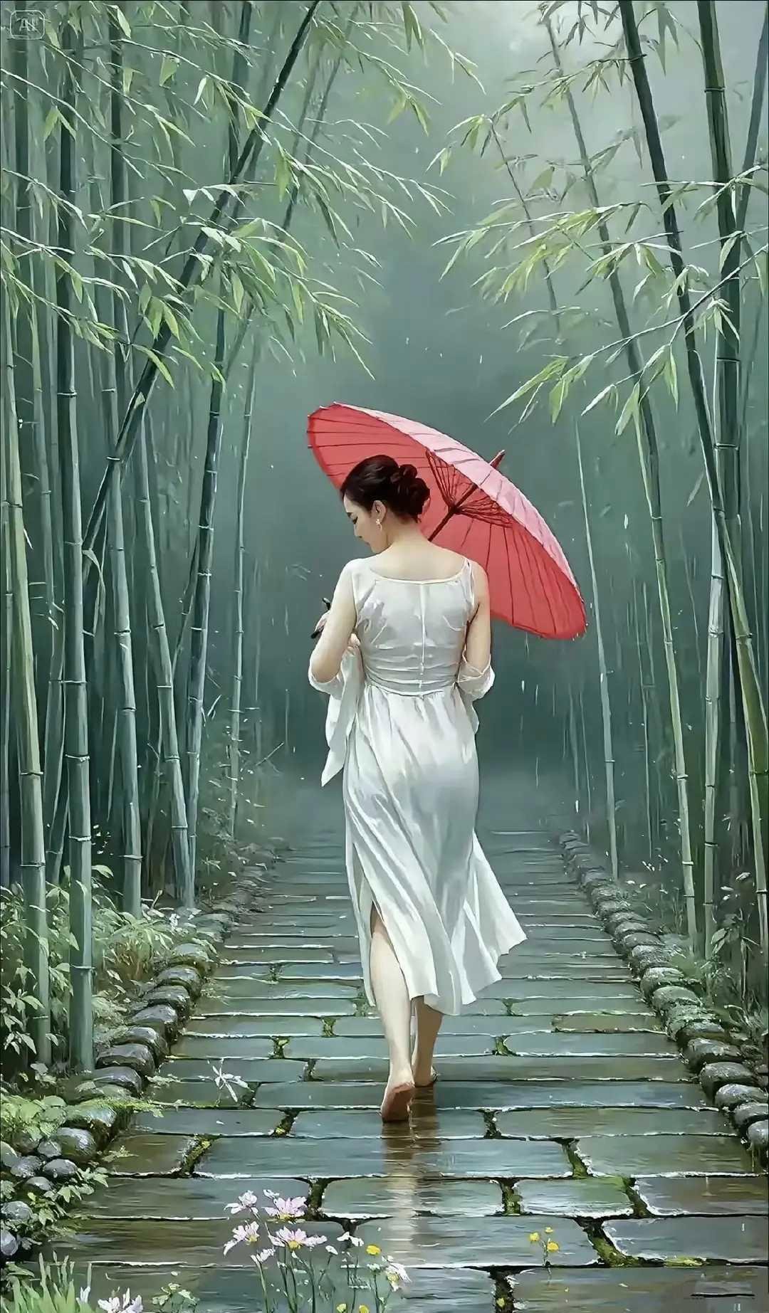 油纸伞下,她身姿绰约,宛如雨中绽放的花朵
