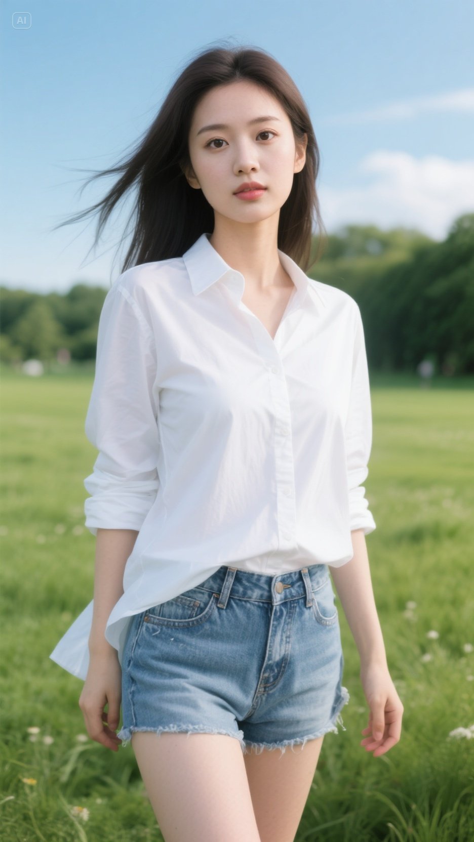 在绿意盎然的草地上,我穿着白衬衫和牛仔短裤,享受着清新的一天