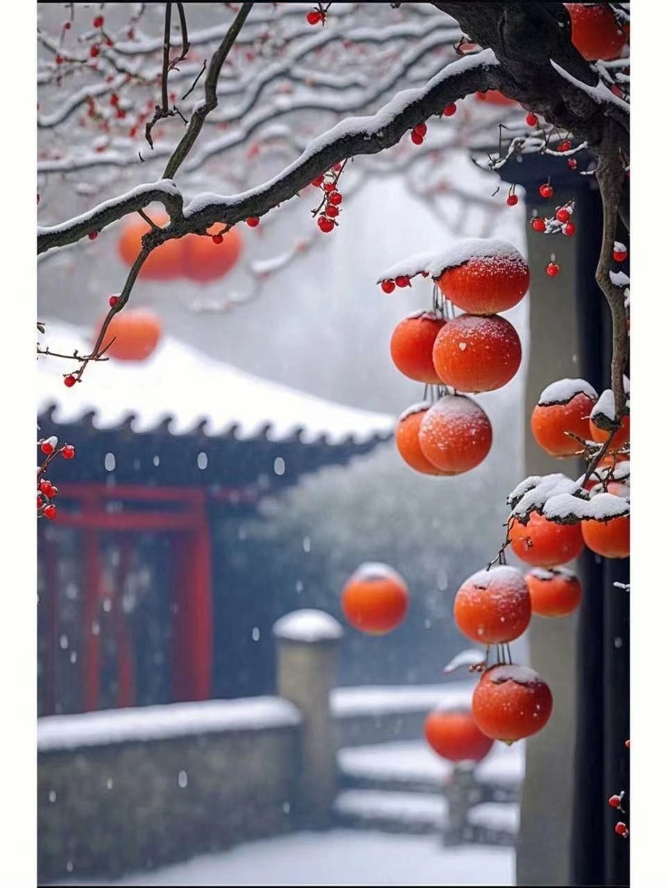 寒冬中,柿子树带来一丝暖意,如同生活中的小确幸,让人心生欢喜.