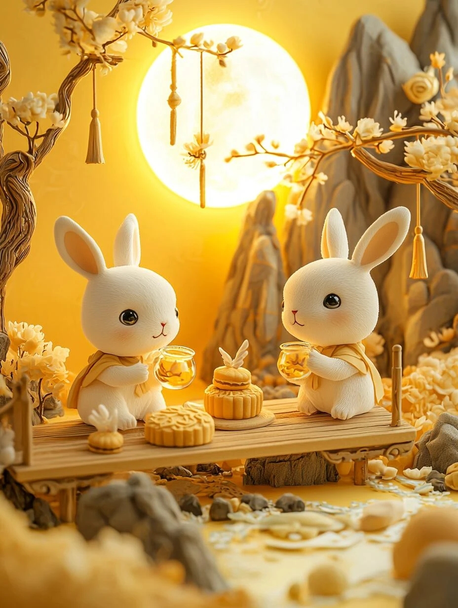 "月光下的茶会,两只小白兔静静地坐着,周围是金黄色的花朵,桌上摆着