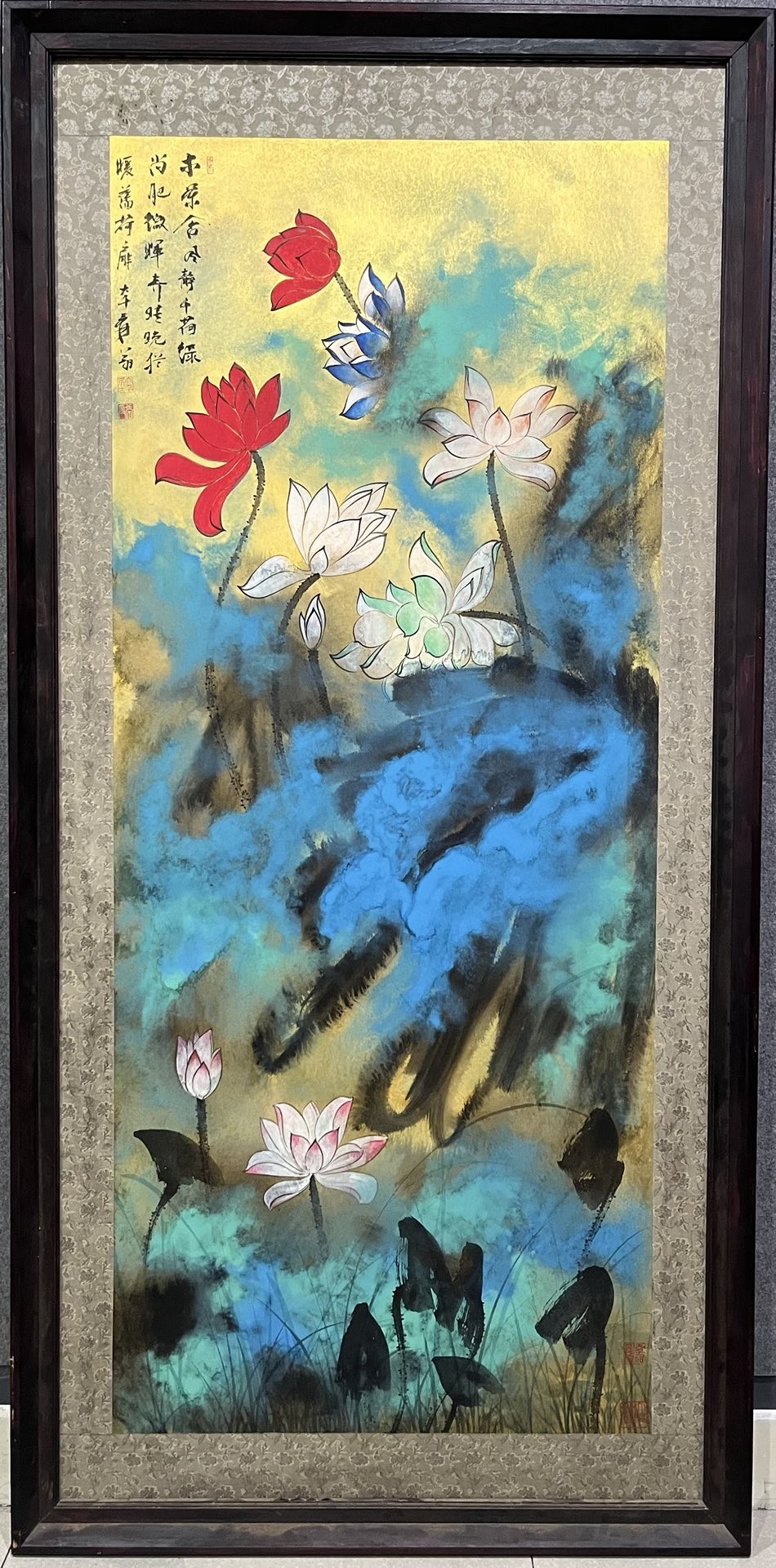张大千.泼彩六色莲花(日本回流)    画心尺寸148*62.
