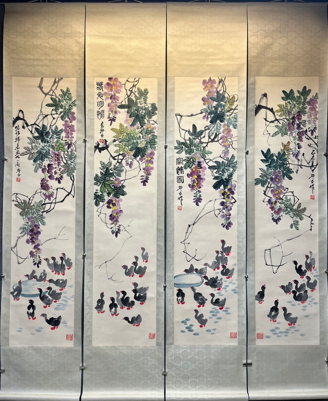 娄师白.花鸟四条屏 画心尺寸139*33*4 装裱尺寸203*42*4 纸本绫裱条屏