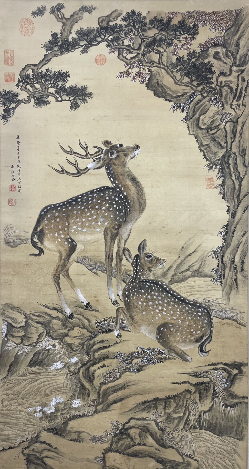 沈铨 双鹿图 ,绢本 ,尺寸117x61cm#古董艺术品# #保利拍卖# #艺术古董