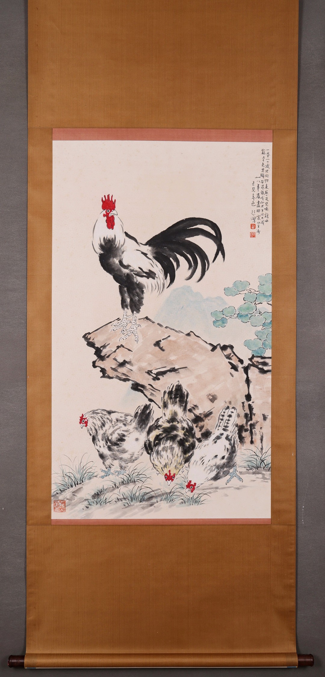 徐悲鸿 群鸡图 立轴 精装裱 画心尺寸115x67cm#艺术古董收藏品鉴赏