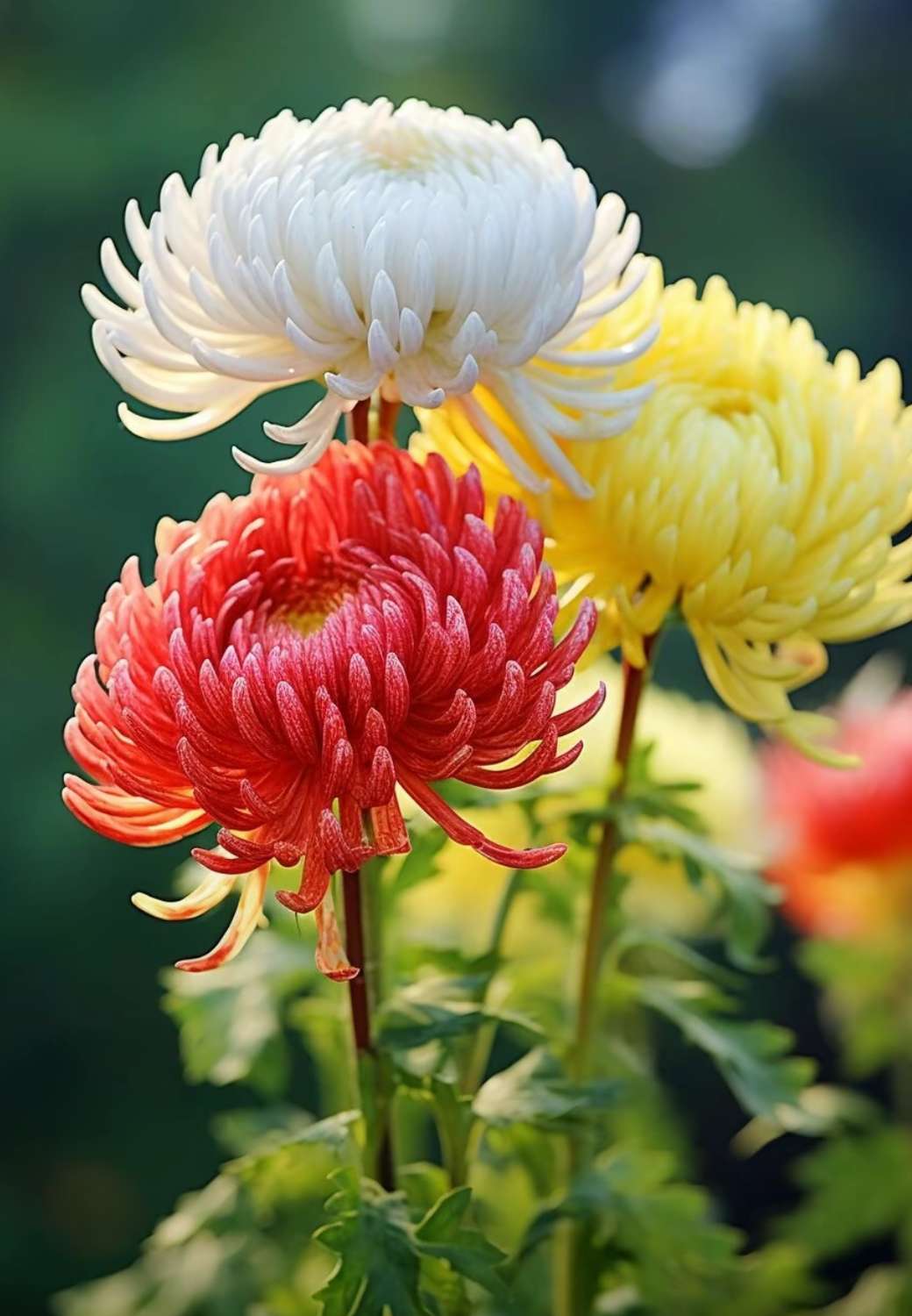 黄色,三种颜色的花朵交织在一起, 白色的菊花纯净如雪,红色的花朵热情