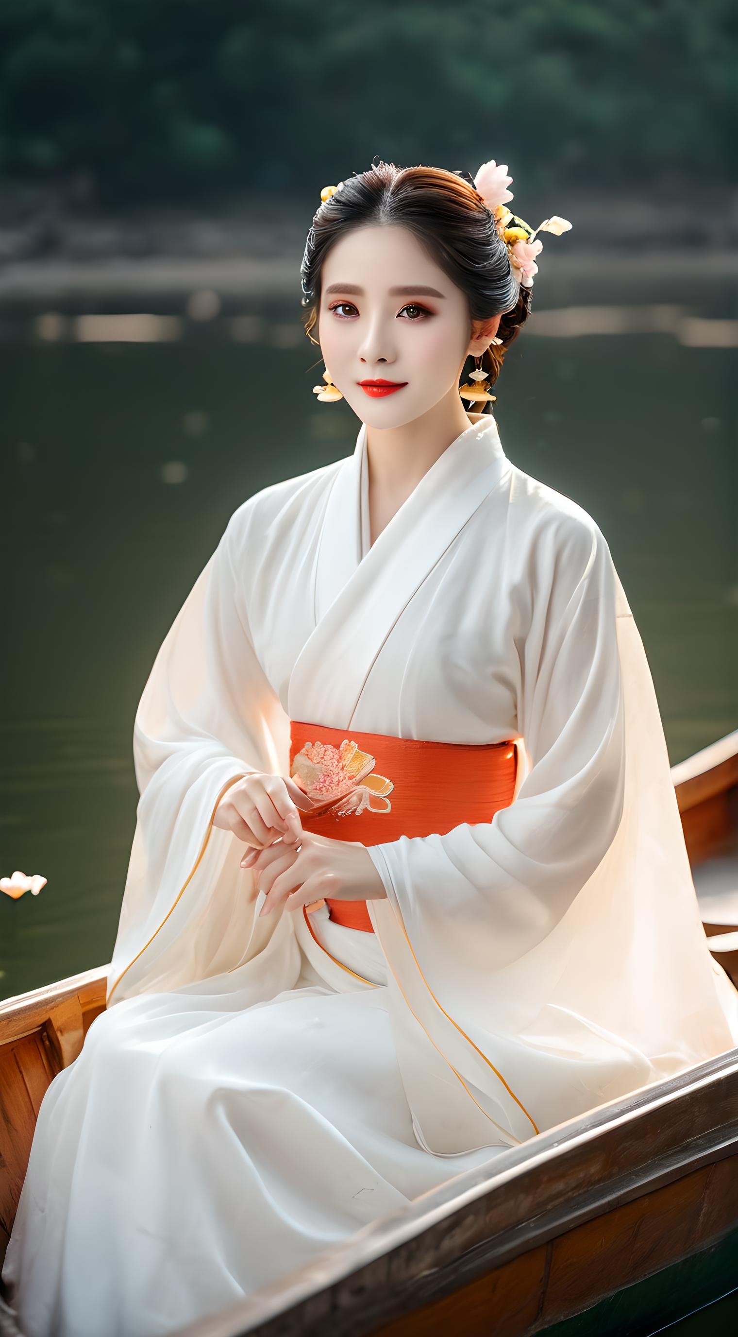 今天壁纸欣赏,河上泛舟,汉服佳人,如诗如画