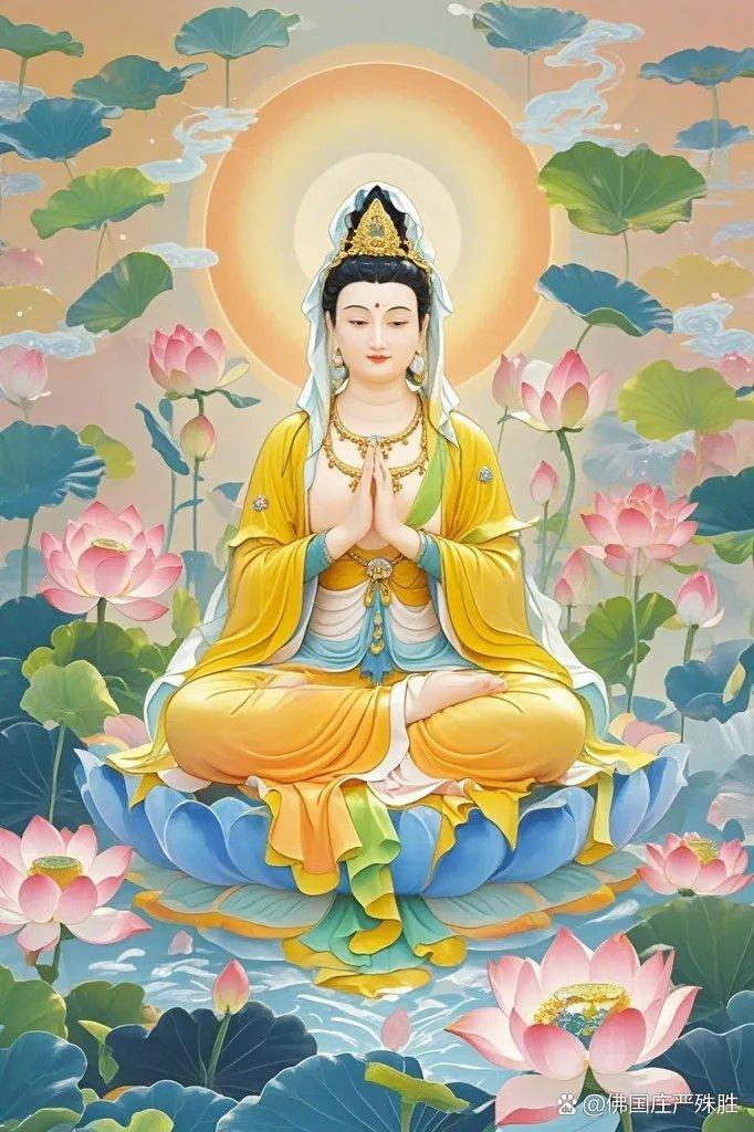 在这幅宁静的画面中,我仿佛能感受到观音菩萨的慈悲目光,她坐在莲花