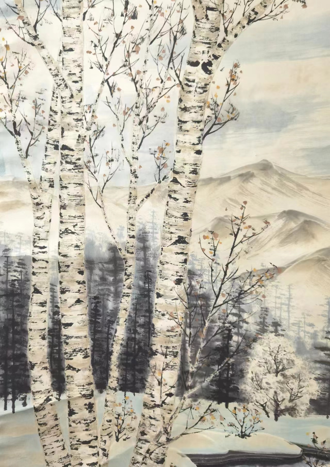 吴冠中水彩画桦树林(吴冠中印章) 尺寸五平尺