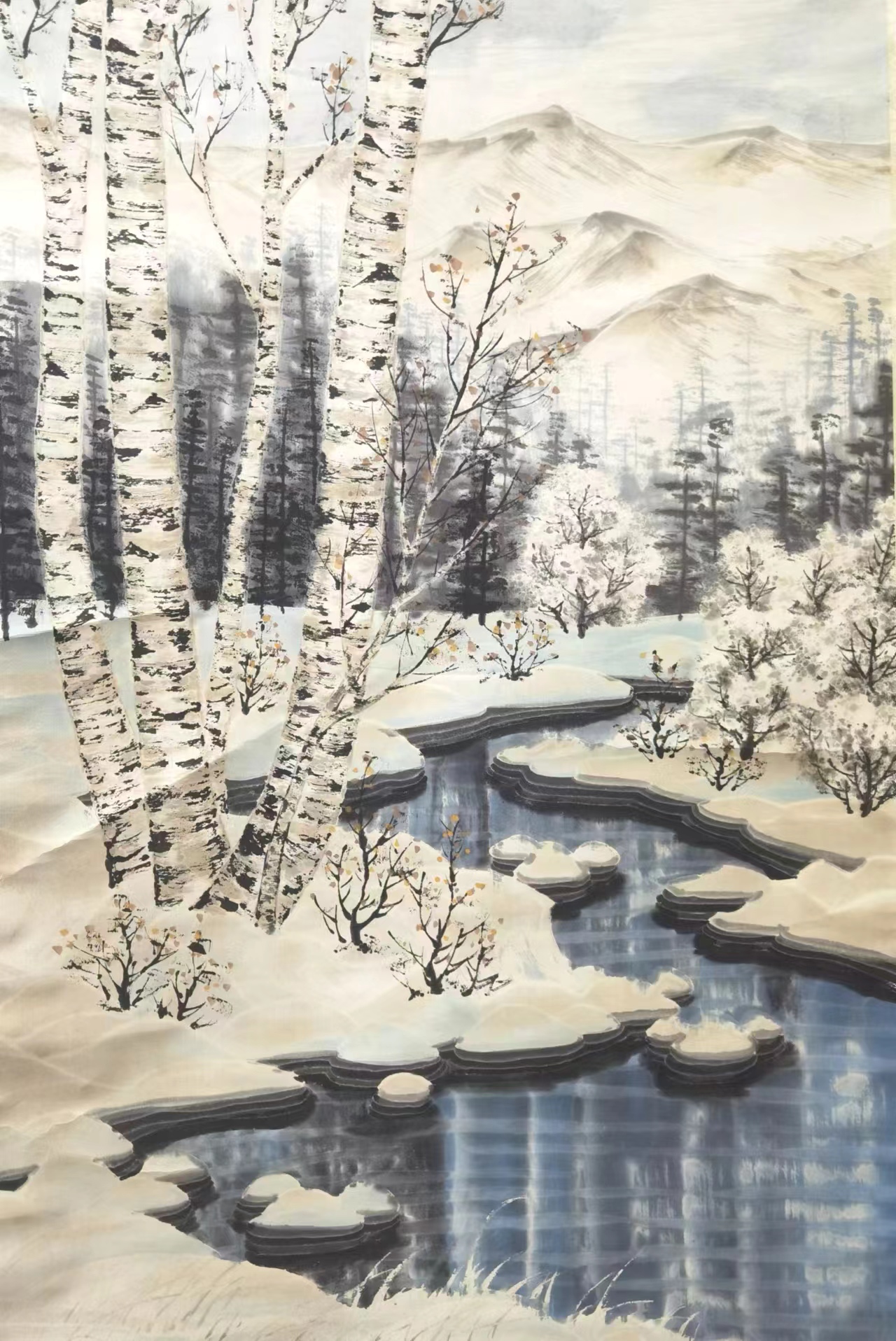 吴冠中水彩画桦树林(吴冠中印章) 尺寸五平尺