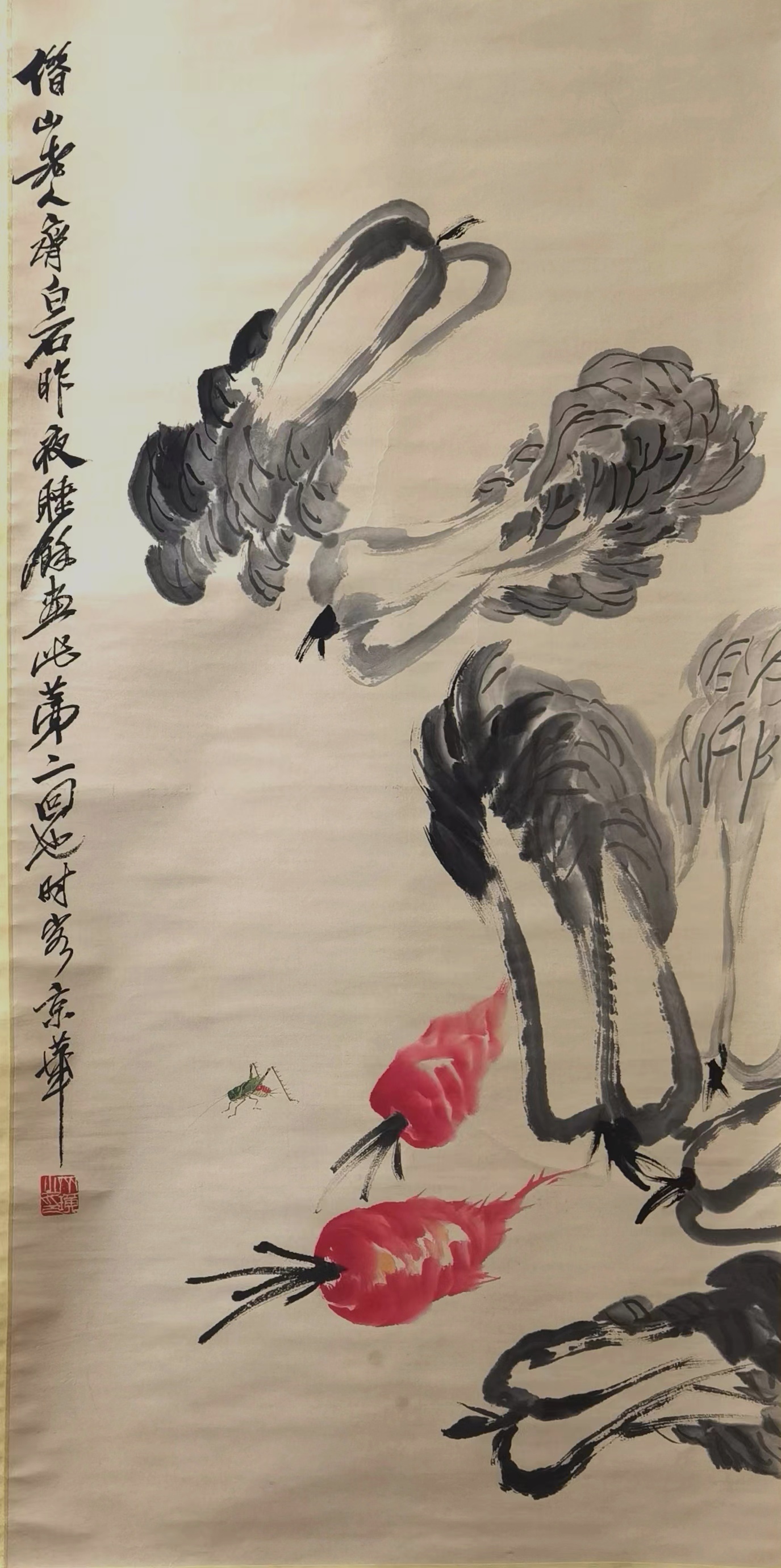 齐白石精品白菜萝卜蝈蝈画作.萝卜和白菜组合在一起,"萝菜"即"摞财".