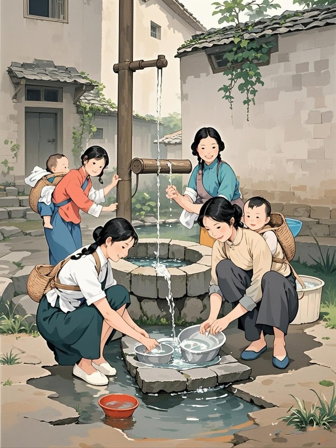 岁月在这一刻古代打水井卡通坐在地埂上的农村妇女水彩画辘轳井打水打