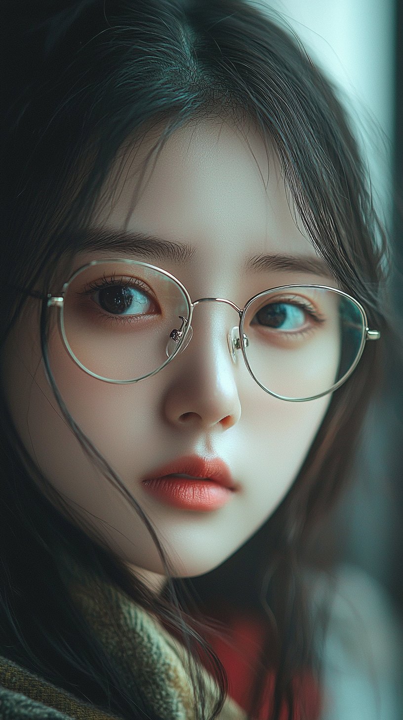 带眼镜的小美女,仿佛在思考着什么