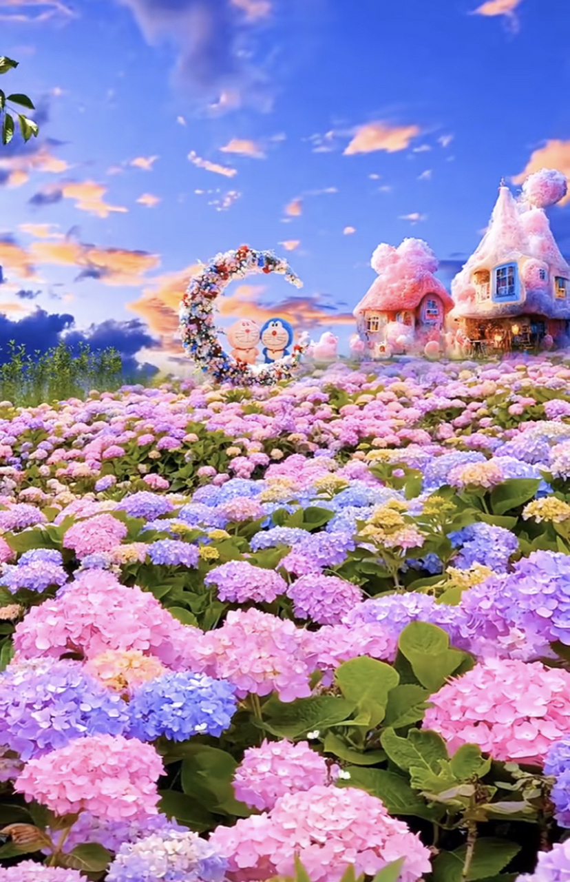 99 白色的风车好像童话里的城堡一样,彩虹在天空中划过,好像是天空