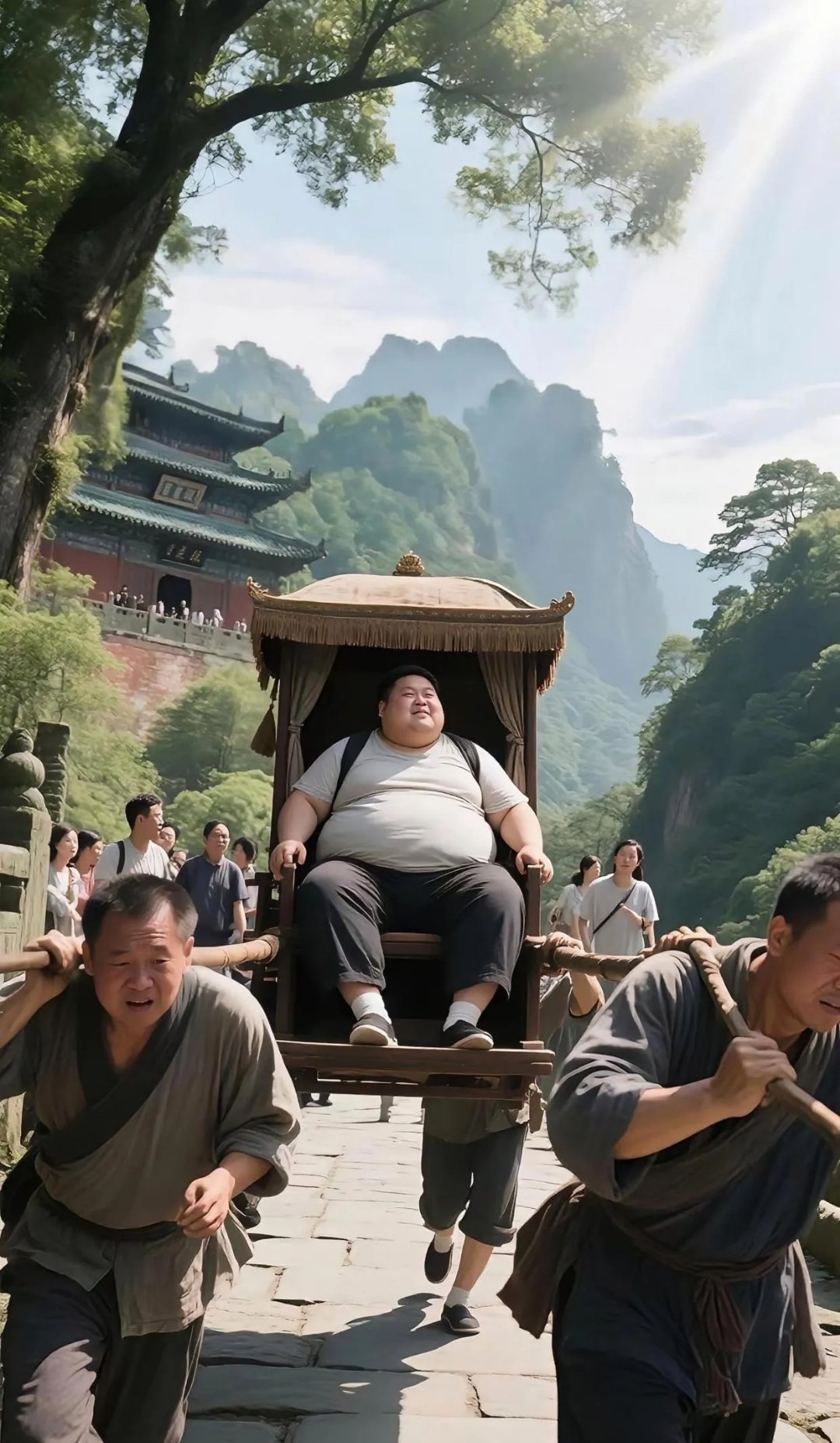 前几天去峨眉山游玩,看到4个老年轿夫汗流浃背地抬