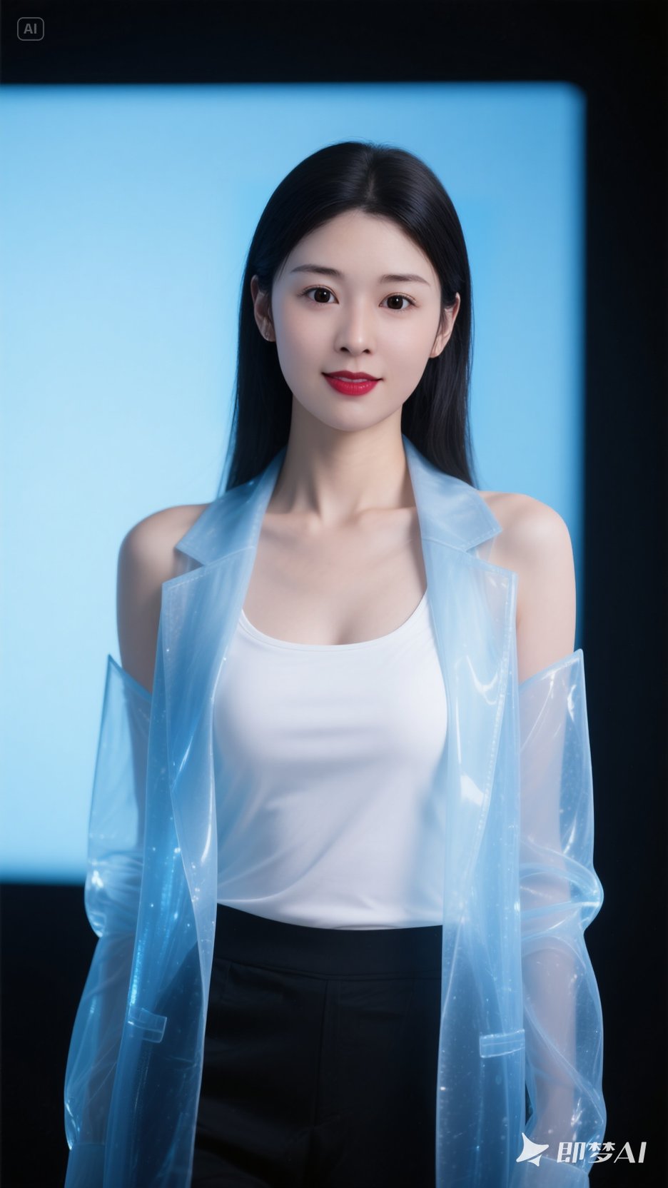 即梦a,仿佛从梦境中走出的她,轻柔的蓝色透视装,搭