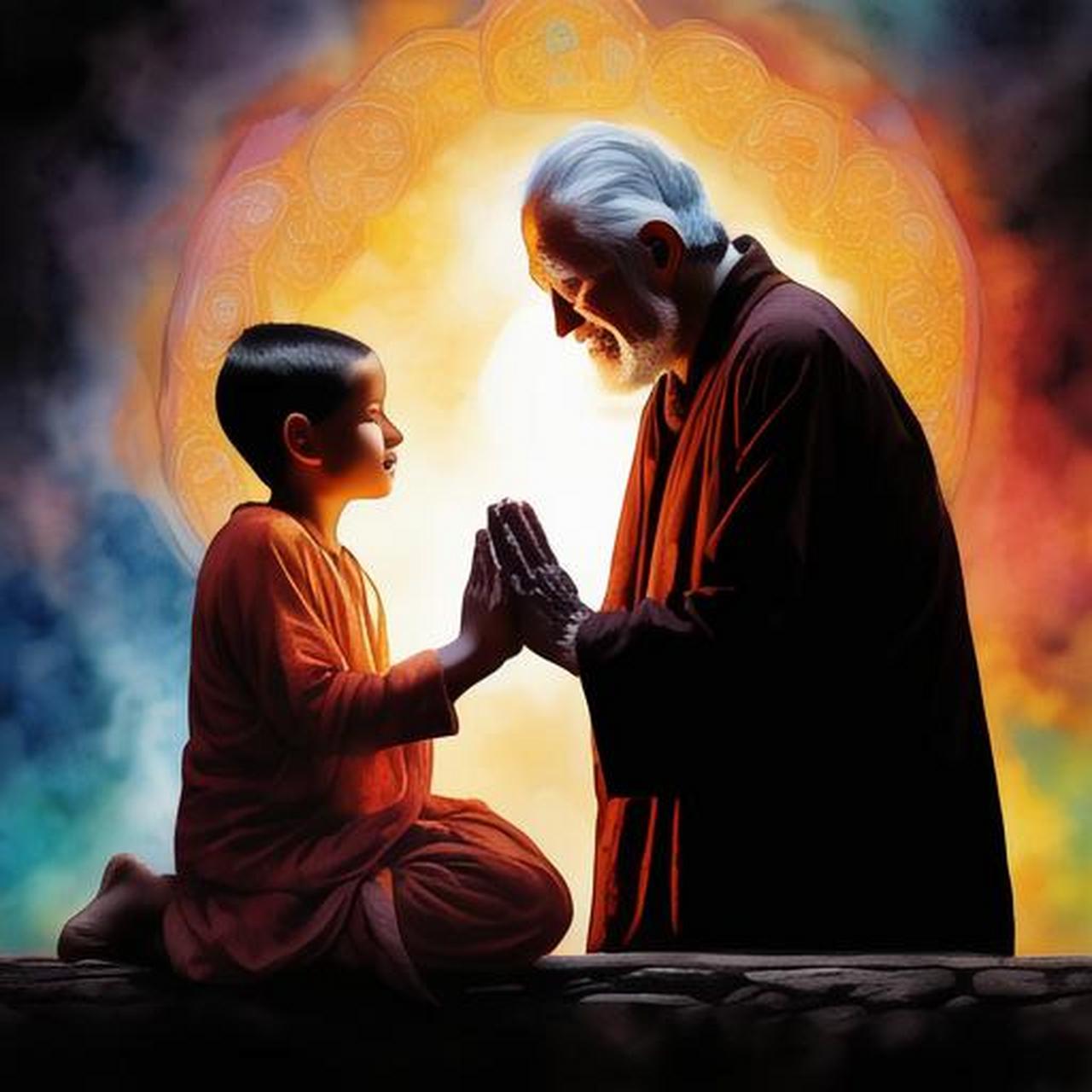 祈祷  长者与童子,跪于苍穹之下,双手合十,置于胸前.