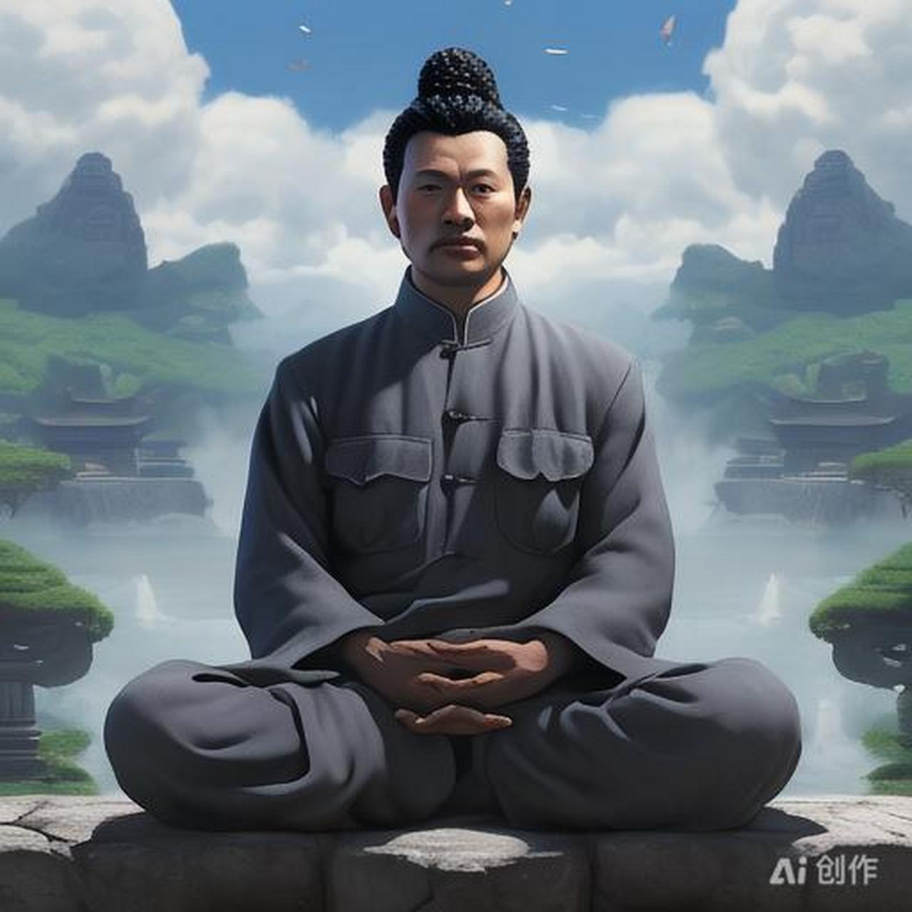 图中,一位身着灰色僧袍的和尚,静坐在水边的石上,闭目打坐.