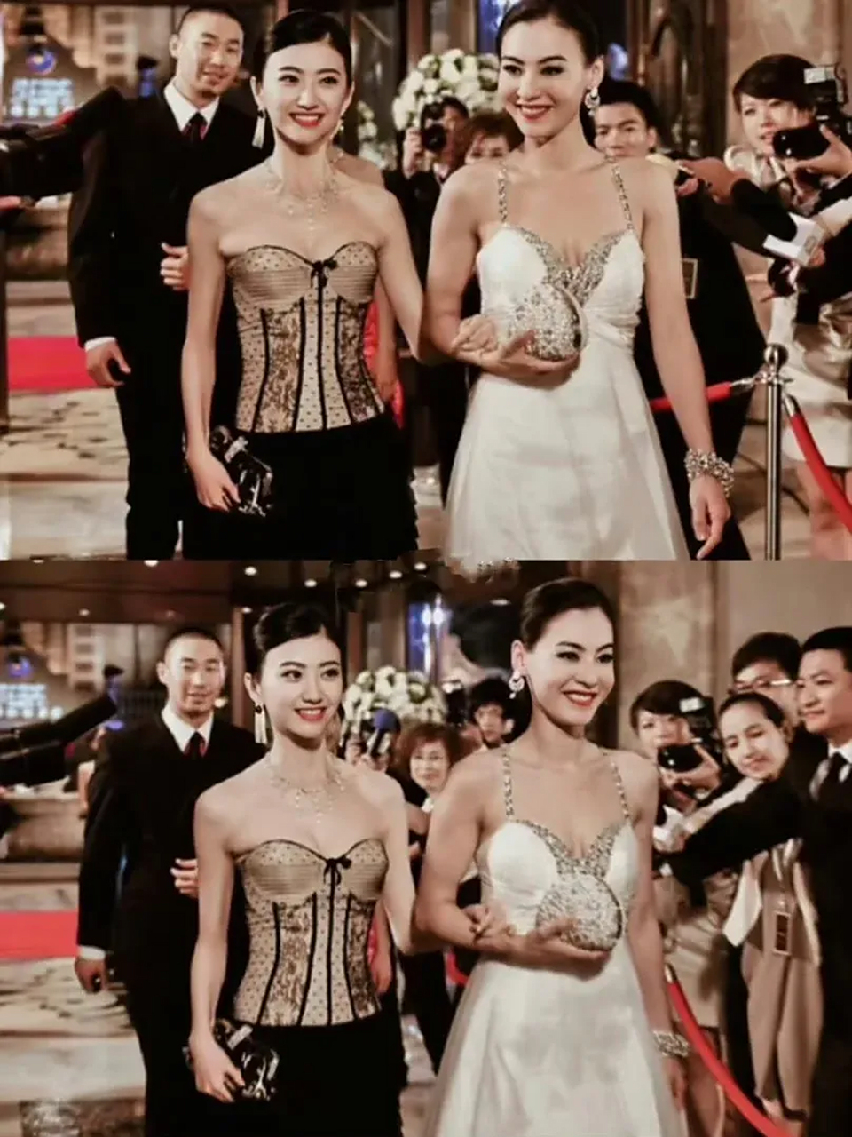 景甜和张柏芝同框旧照,景甜穿黑色连衣裙,略显风尘.