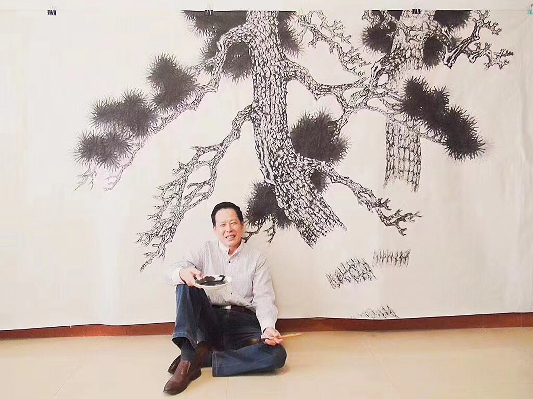 当代画家迎客松梦中的橄榄树之称《松父》神笔马良国画大师李明阳书法