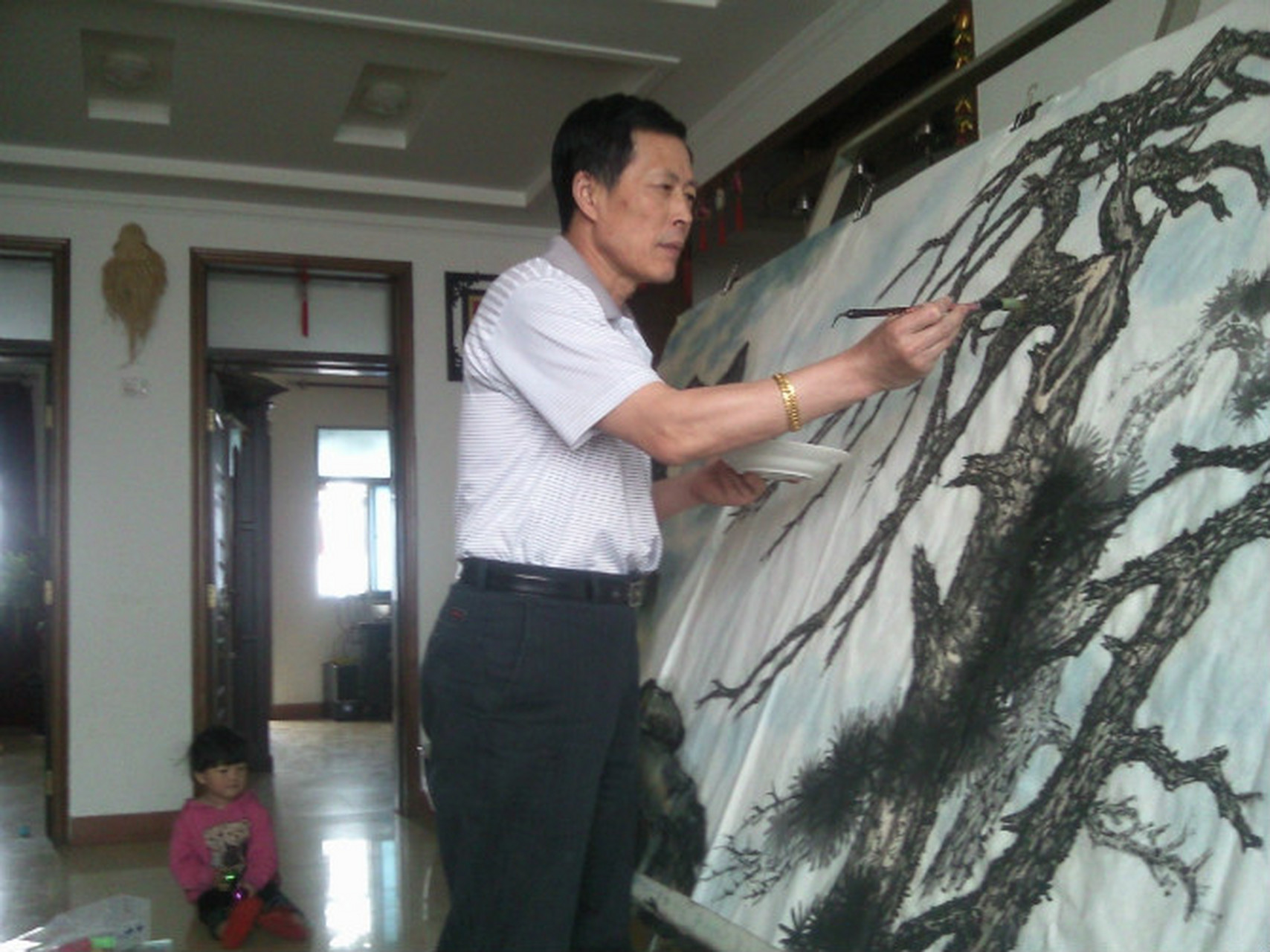 当代画家迎客松梦中的橄榄树之称《松父》神笔马良国画大师李明阳书法