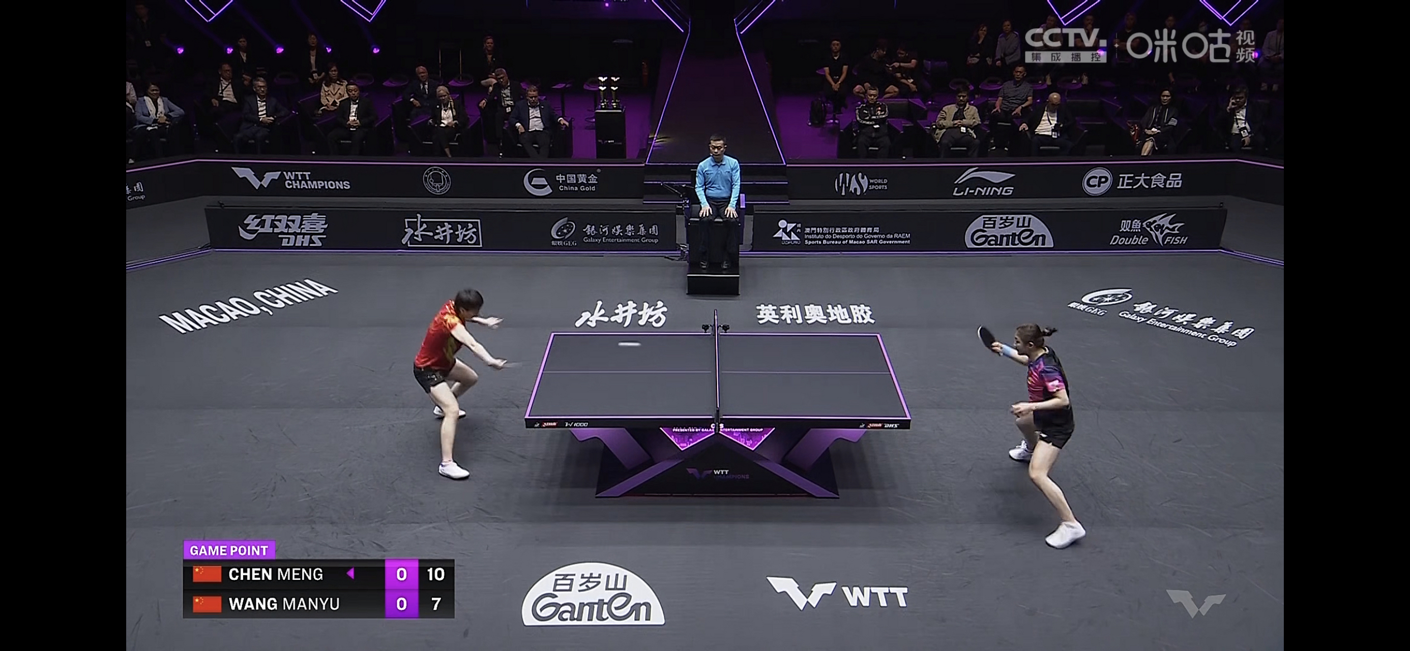 澳门冠军赛女单决赛陈梦对王曼昱,第一局,陈梦13:11王曼昱加油!
