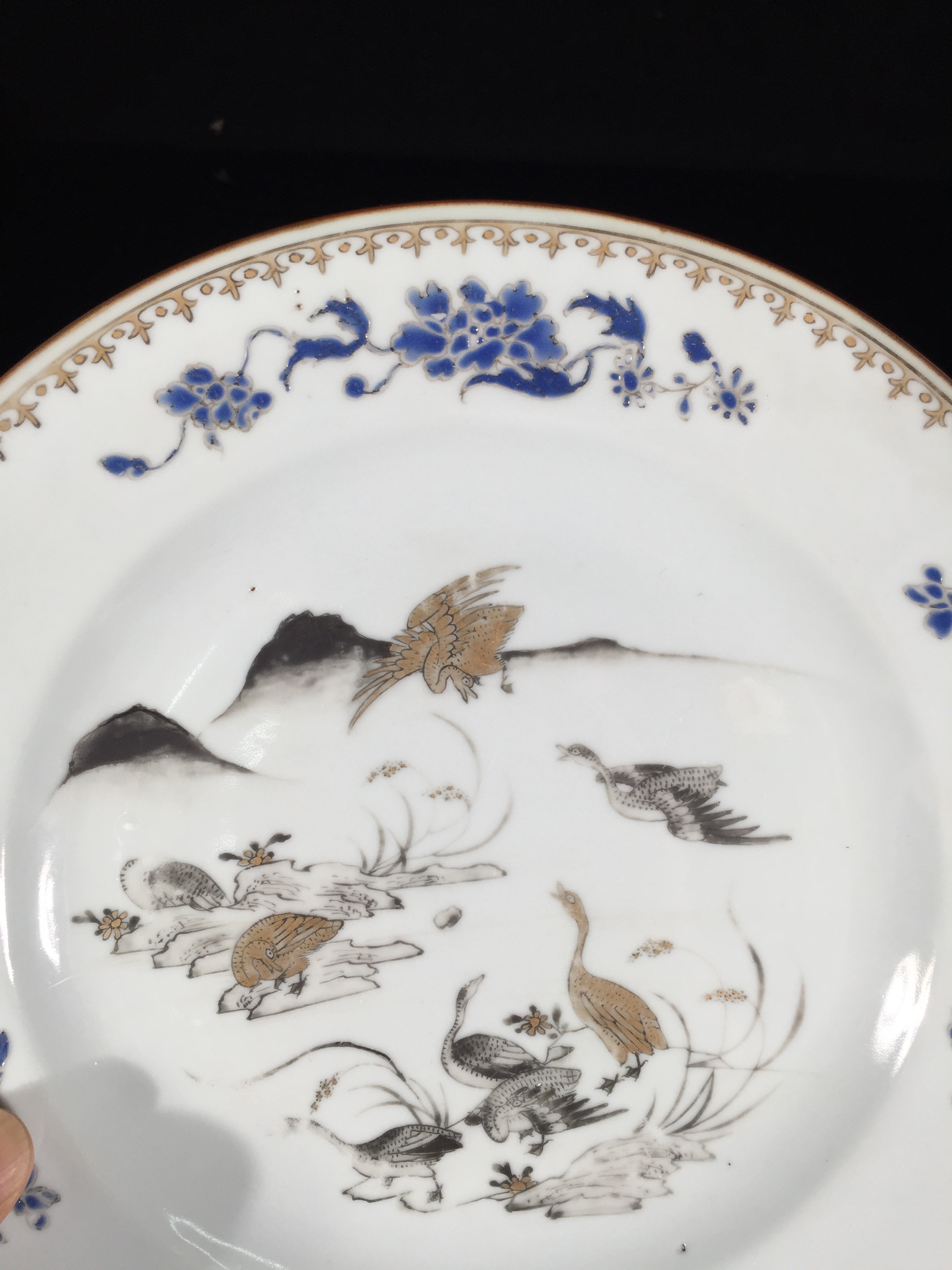 清代雍正～墨彩～飞鸣食宿纹盘#文玩