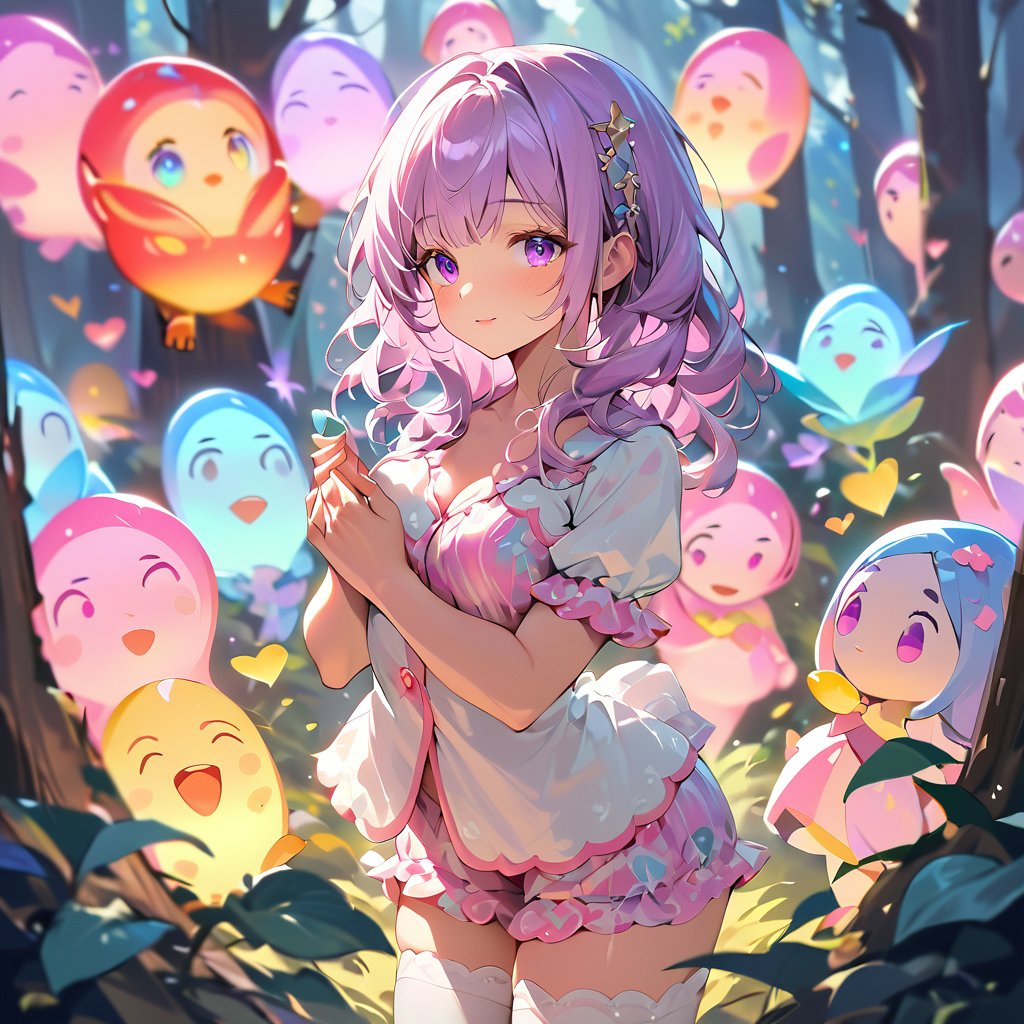 97小女孩站在彩色泡泡森林中,粉色头发和兔子耳朵在阳光下闪闪发光