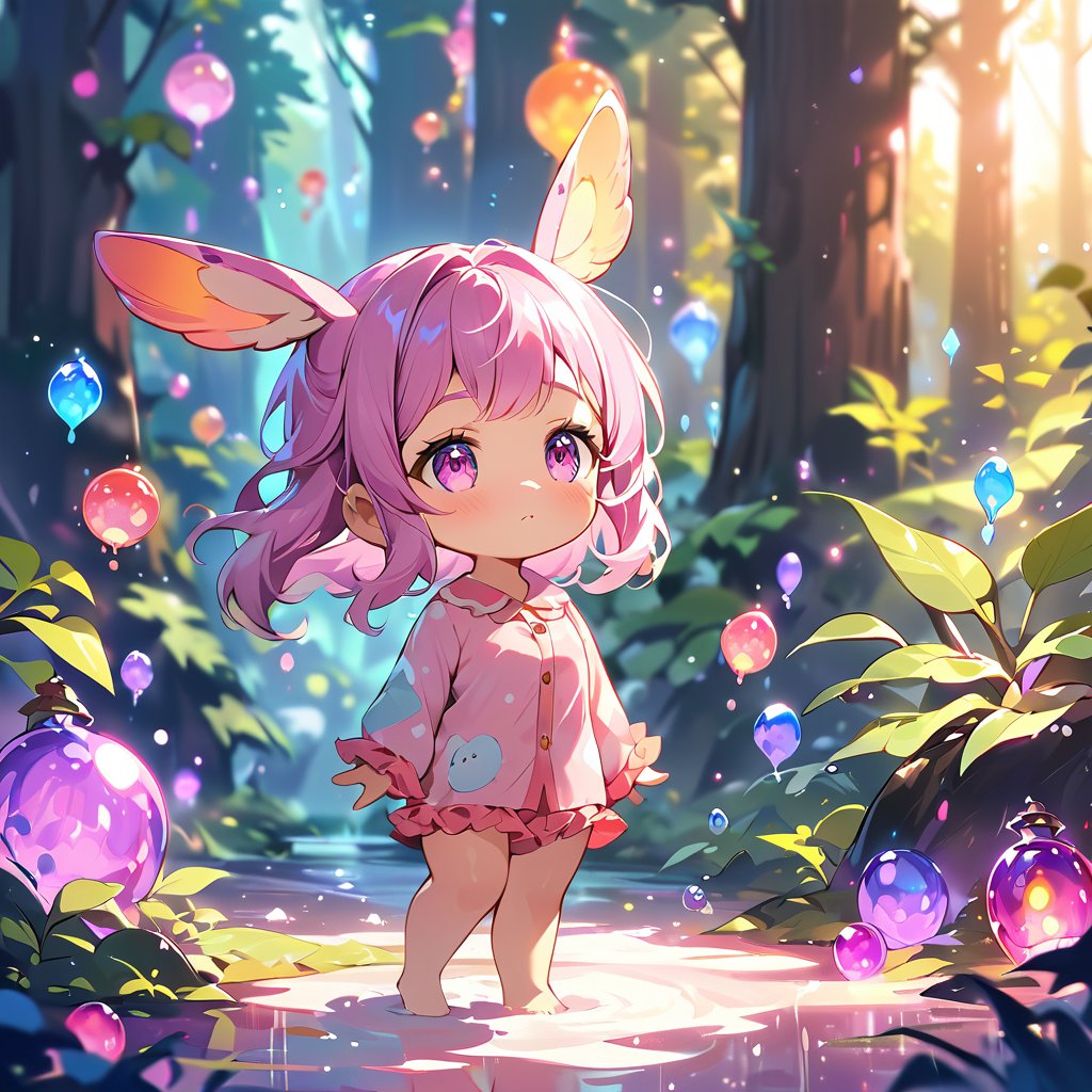 97小女孩站在彩色泡泡森林中,粉色头发和兔子耳朵在阳光下闪闪发光