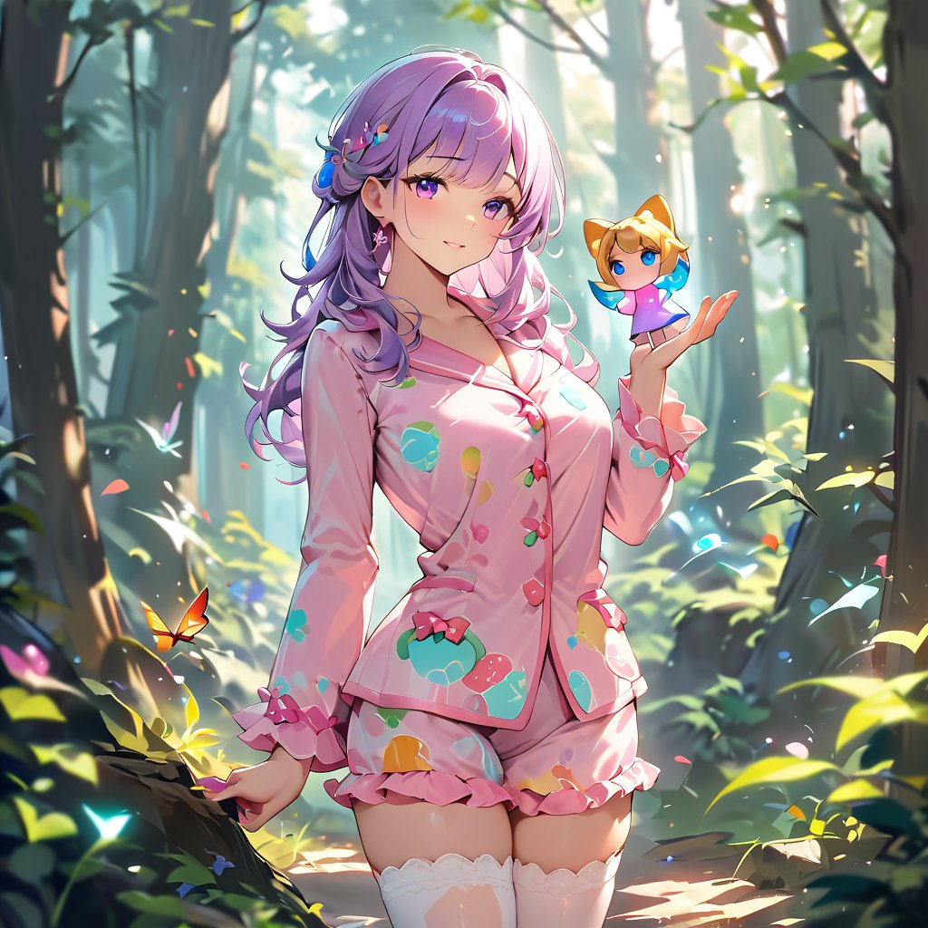 97小女孩站在彩色泡泡森林中,粉色头发和兔子耳朵在阳光下闪闪发光