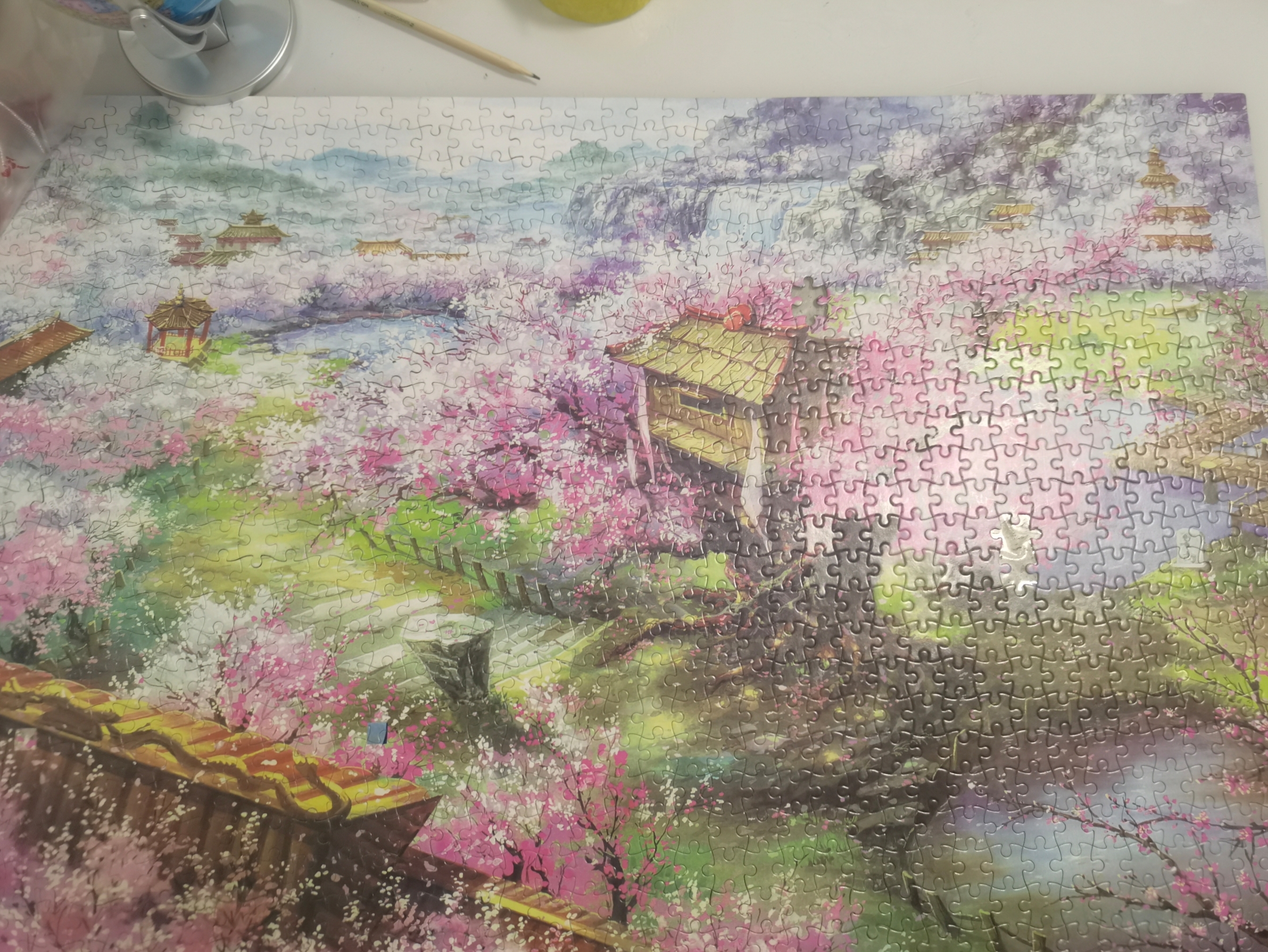 樱花山庄1000块拼图,大功告成[赞同] 老公原意是给闺女练耐心的,成就