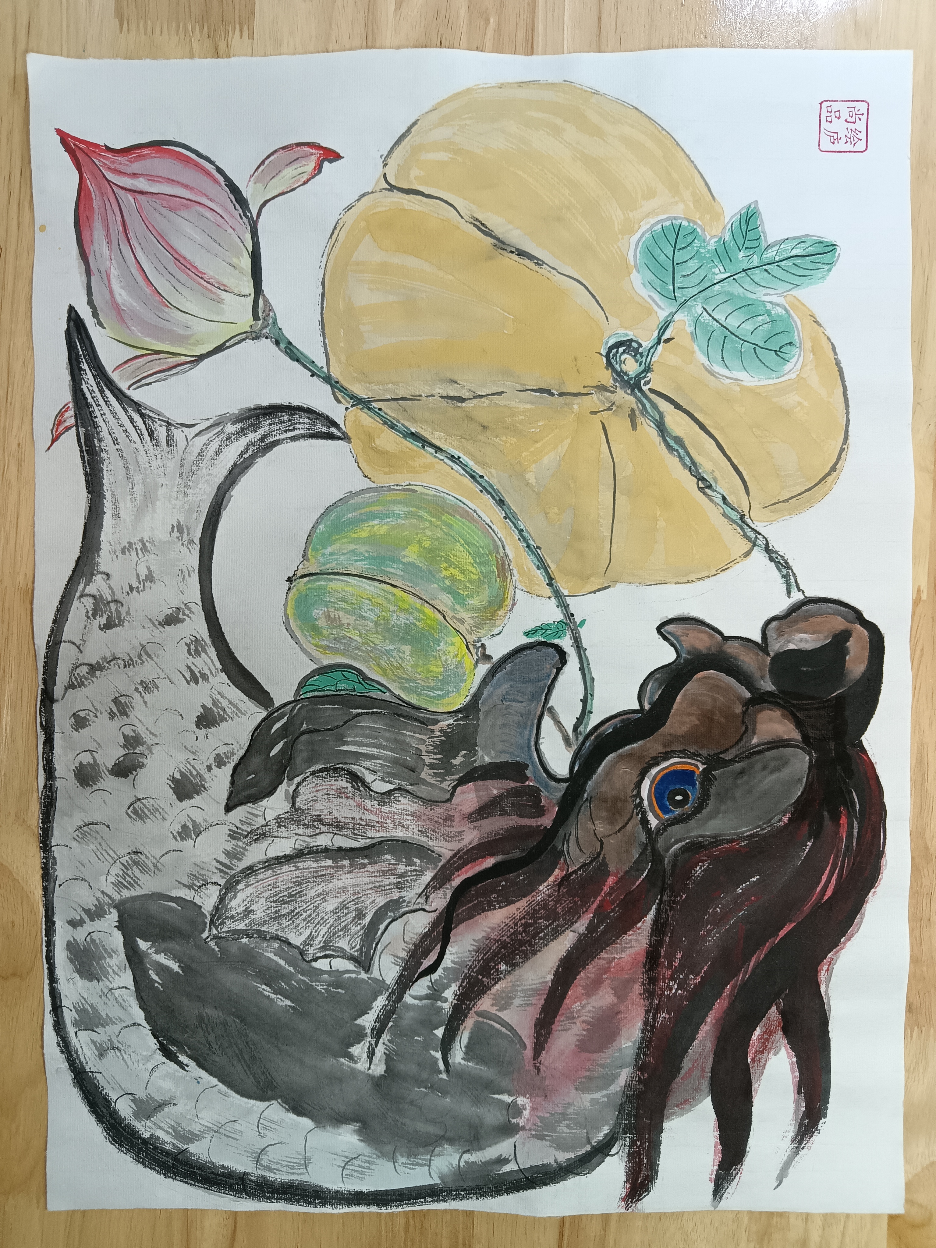 国画手绘,民俗画,吉庆喜乐图.46×34厘米.宣纸,全新.原创原稿.