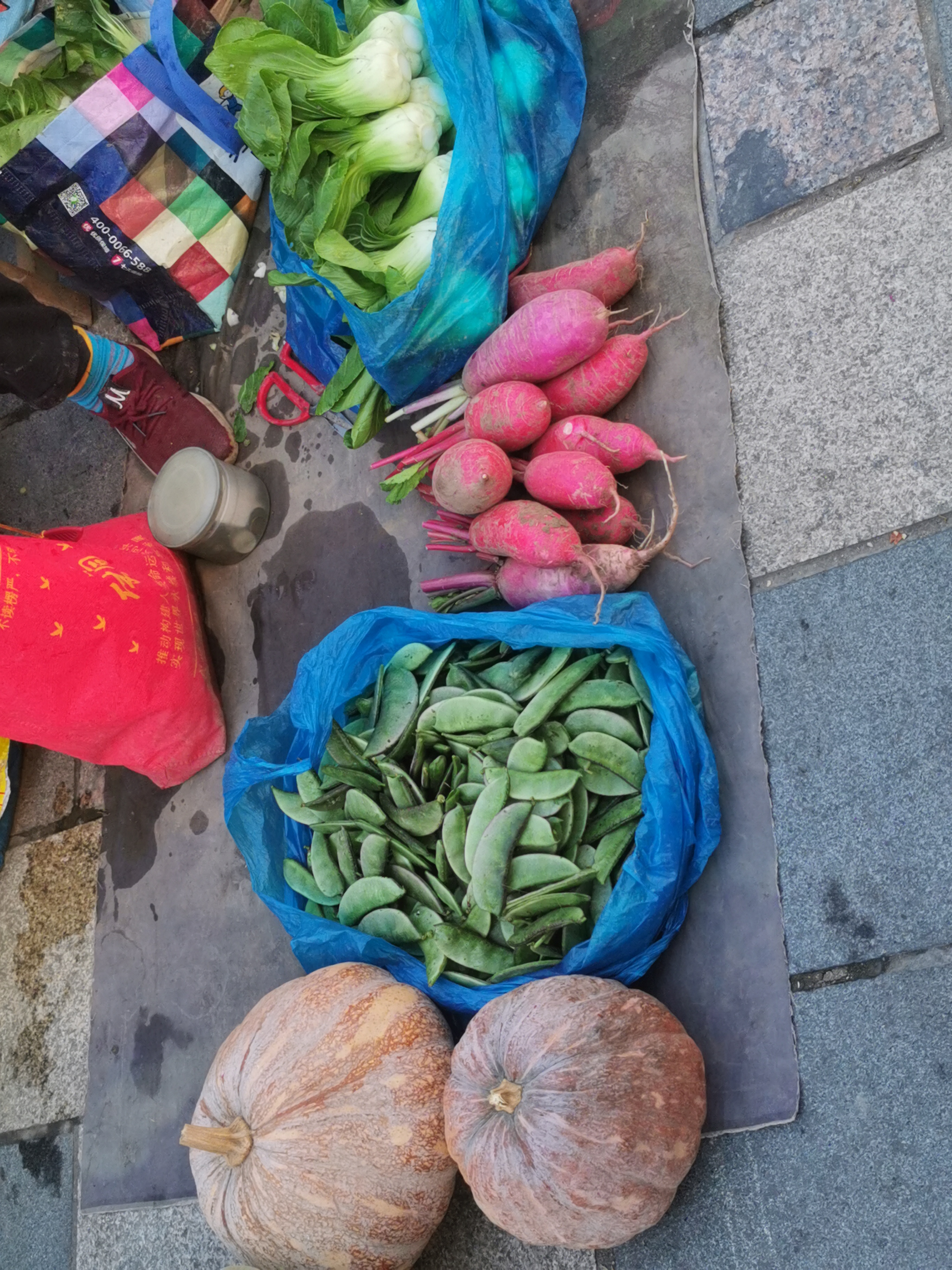 篮子,袋子在地面上摆放整齐,仿佛在准备一场户外的小型市场.
