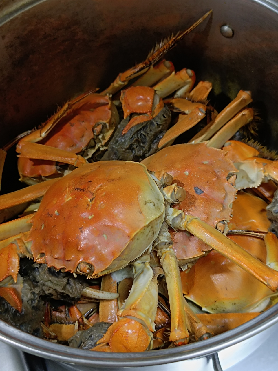 的主角是煮熟的螃蟹,个头超级大,一堆堆地摆放在托盘上,颜色鲜艳,让人