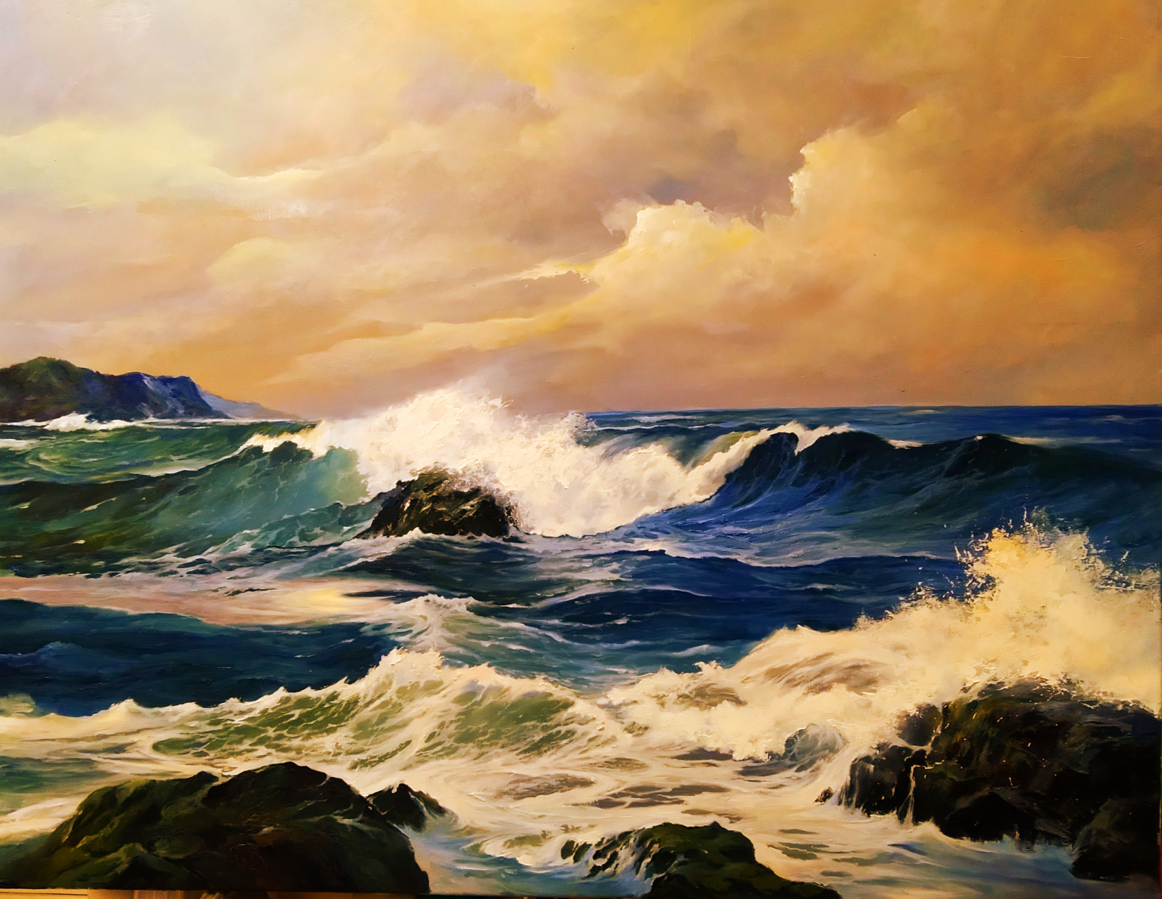 (藏头诗)          浪花恋海,云彩寄情 ——为周德尧油画【云海和声】