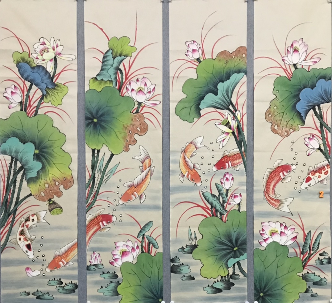 荷花四条屏 国画中的荷花鱼,是中华文化中经典的传统元素之一.