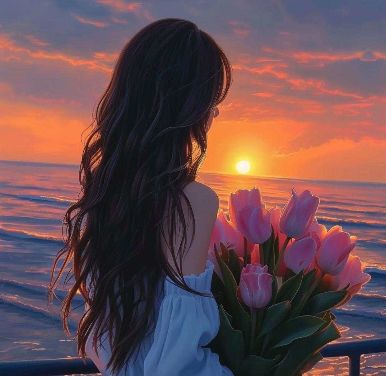 夕阳西下,海风轻拂,她手捧一束粉郁金香,静享这宁静时刻