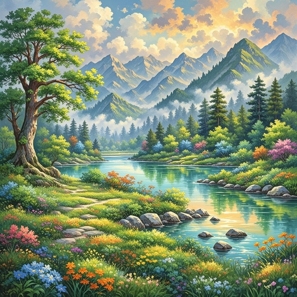 山间小溪潺潺流淌,倒映着蓝天与绚丽的云彩