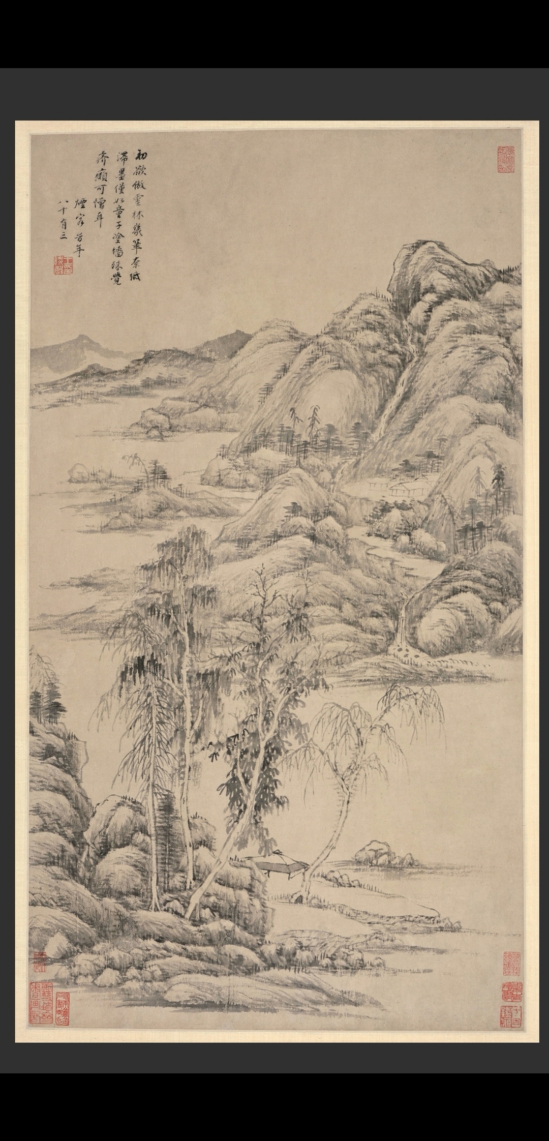 《仿倪云林山水图》1673 明末清初  王时敏  纸本水墨  77x42.