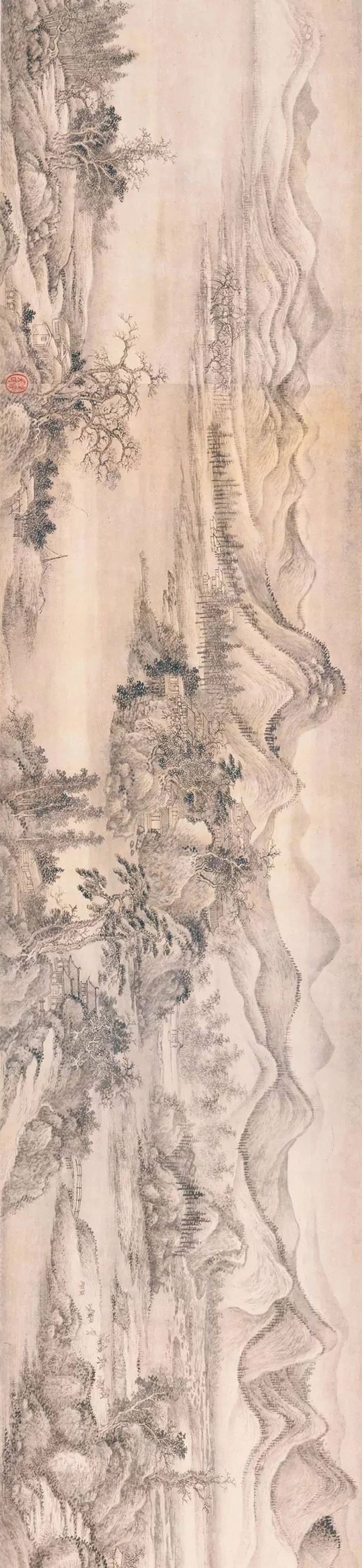 清 王翚 《重江叠嶂图》后入清内府,乾隆皇帝特别推崇,在画上题有"王