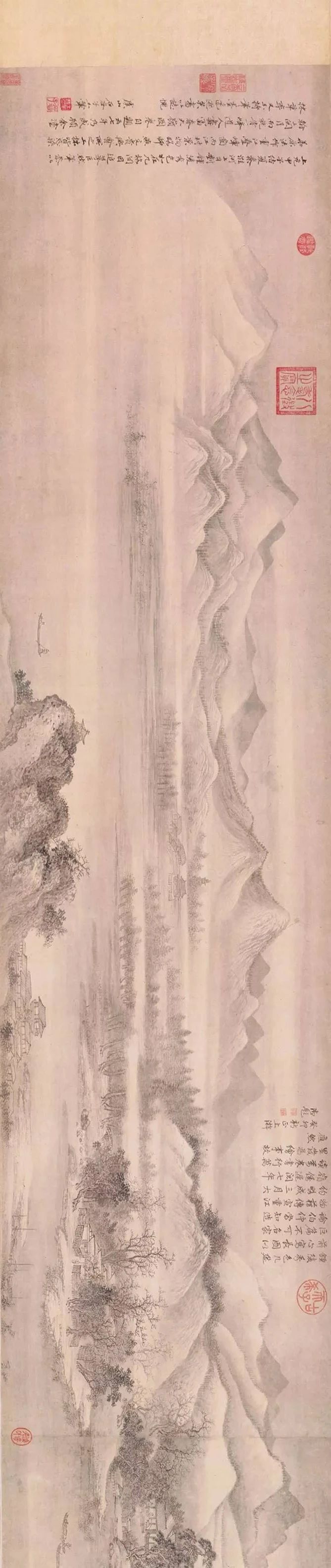 清 王翚 《重江叠嶂图》后入清内府,乾隆皇帝特别推崇,在画上题有"王