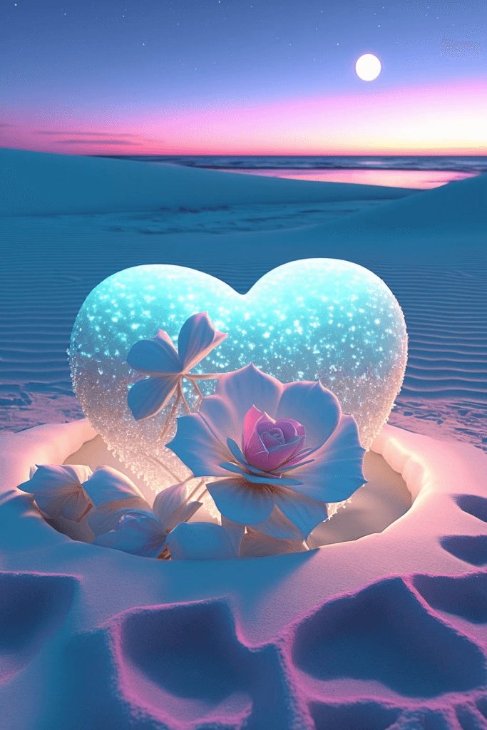 看这个闪闪发光的心形物体,它好像在雪地上跳舞一样开心呢!