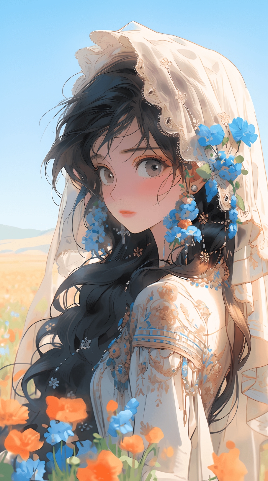 画中的女孩站在花海中,头戴白纱,身穿梦幻的婚纱,手捧鲜花,笑容灿烂