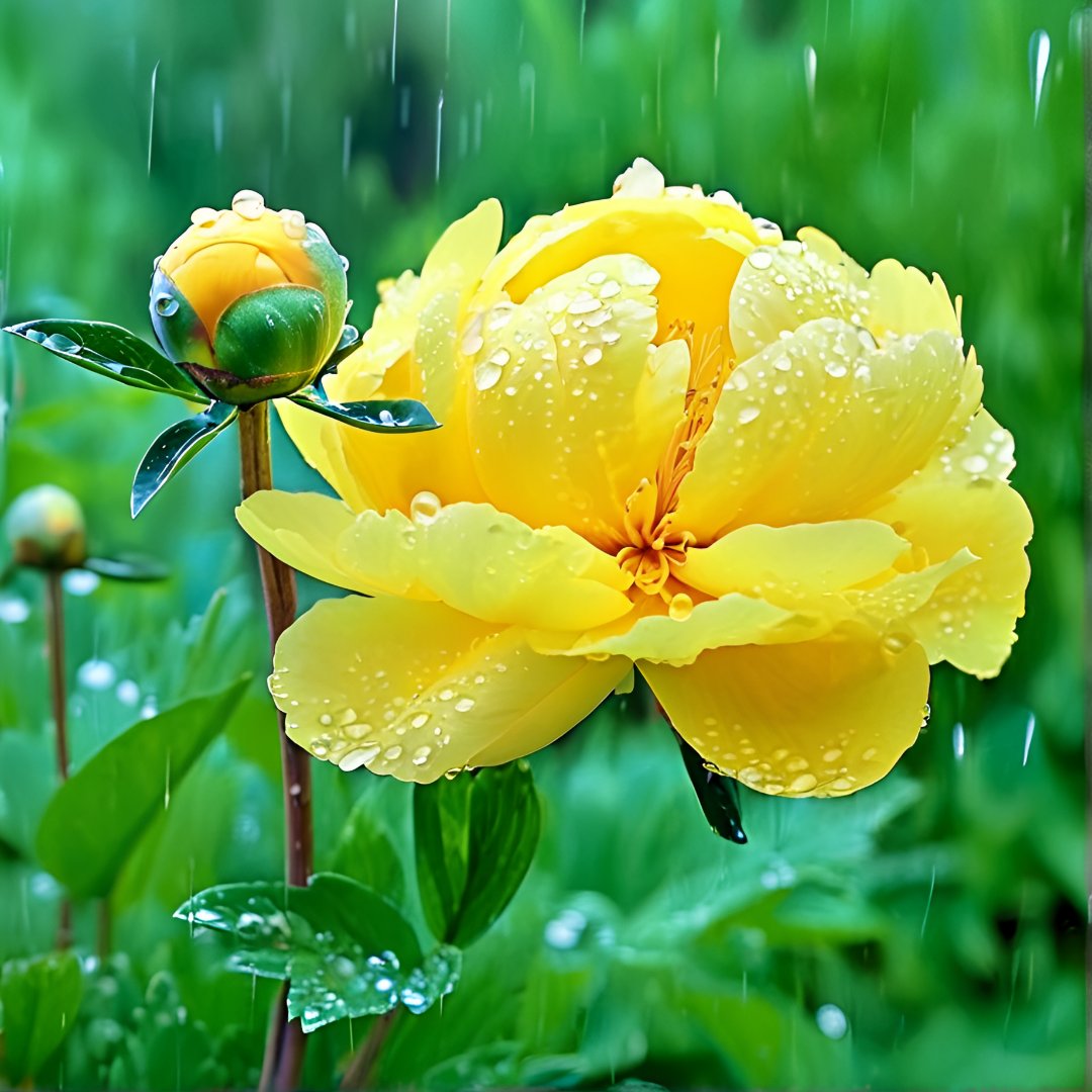花中之王 牡丹花 雨中黄色的花瓣,清新脱俗,宛如初见你的