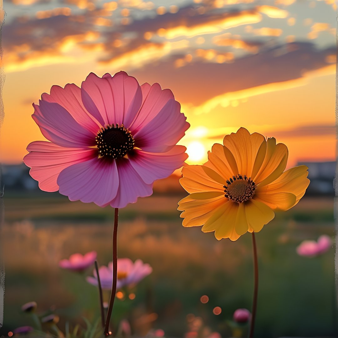 两朵小花 阳光倾洒,两朵小花在光晕中亭亭玉立