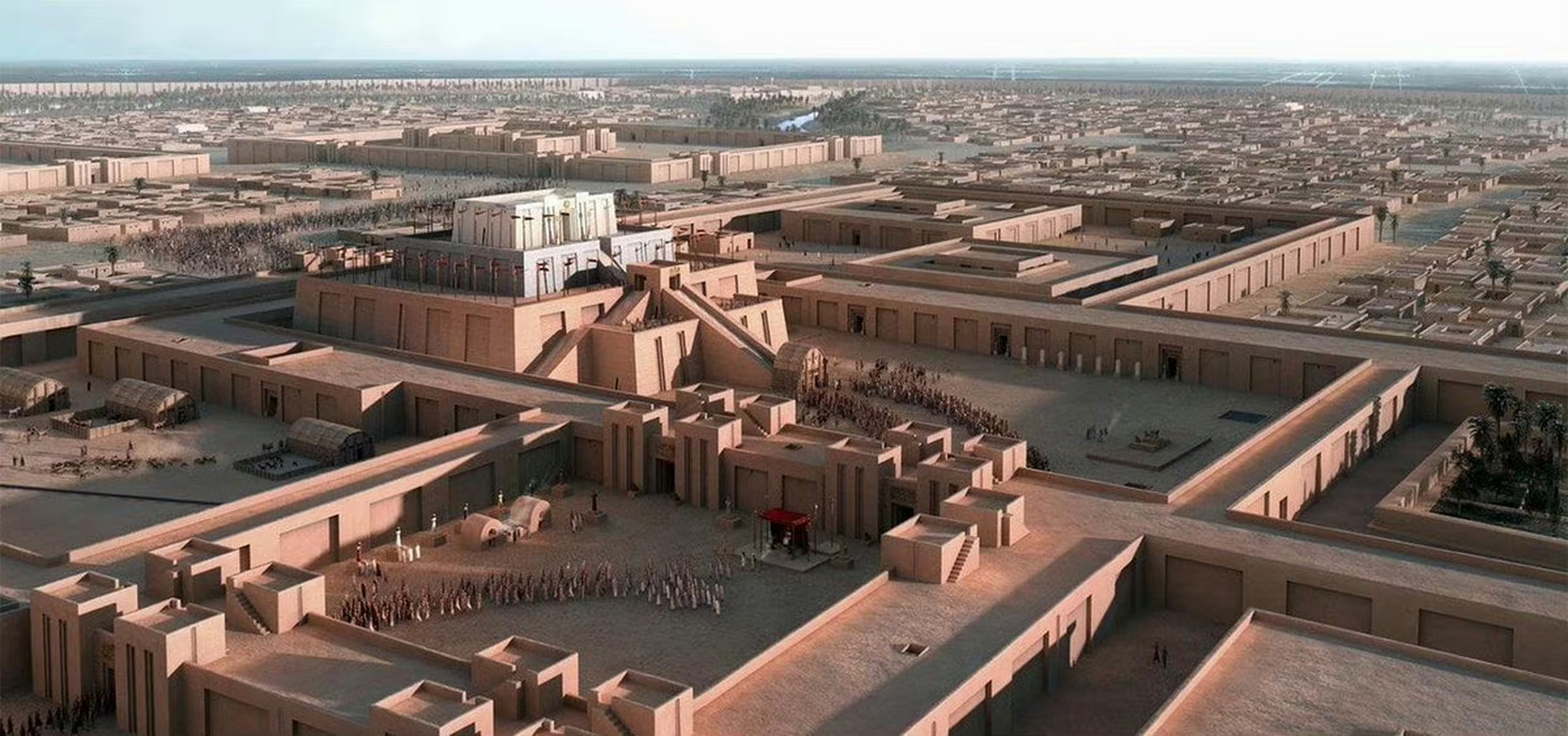 乌鲁克复原图,约公元前2000年已经建成,市中心是zikkurat兹库拉特祭殿